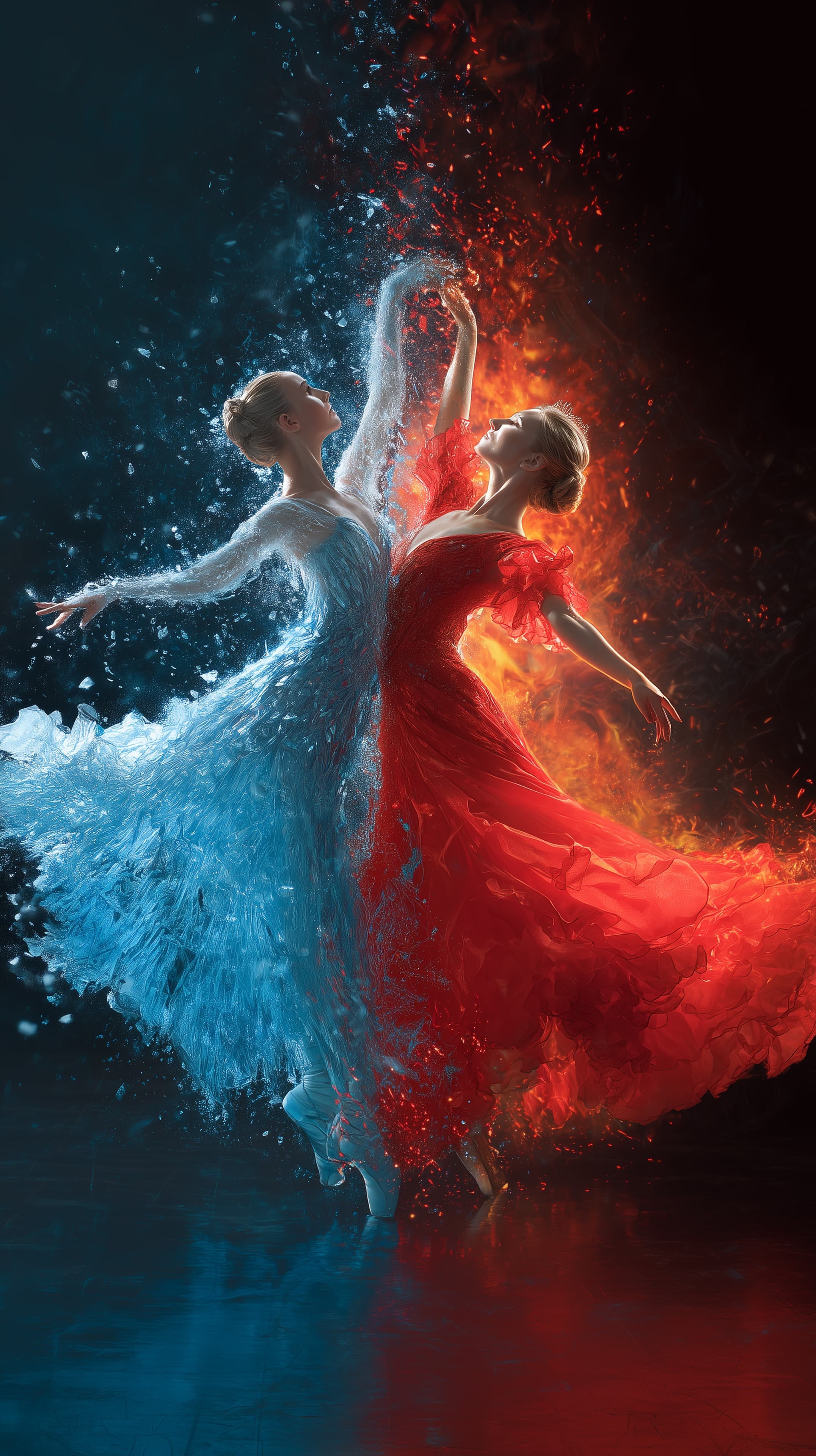 Fire and Ice Ballet Dancers Wallpaper – Duality in Motion - High Resolution ice-and-fire Wallpaper for Mobile and Desktop