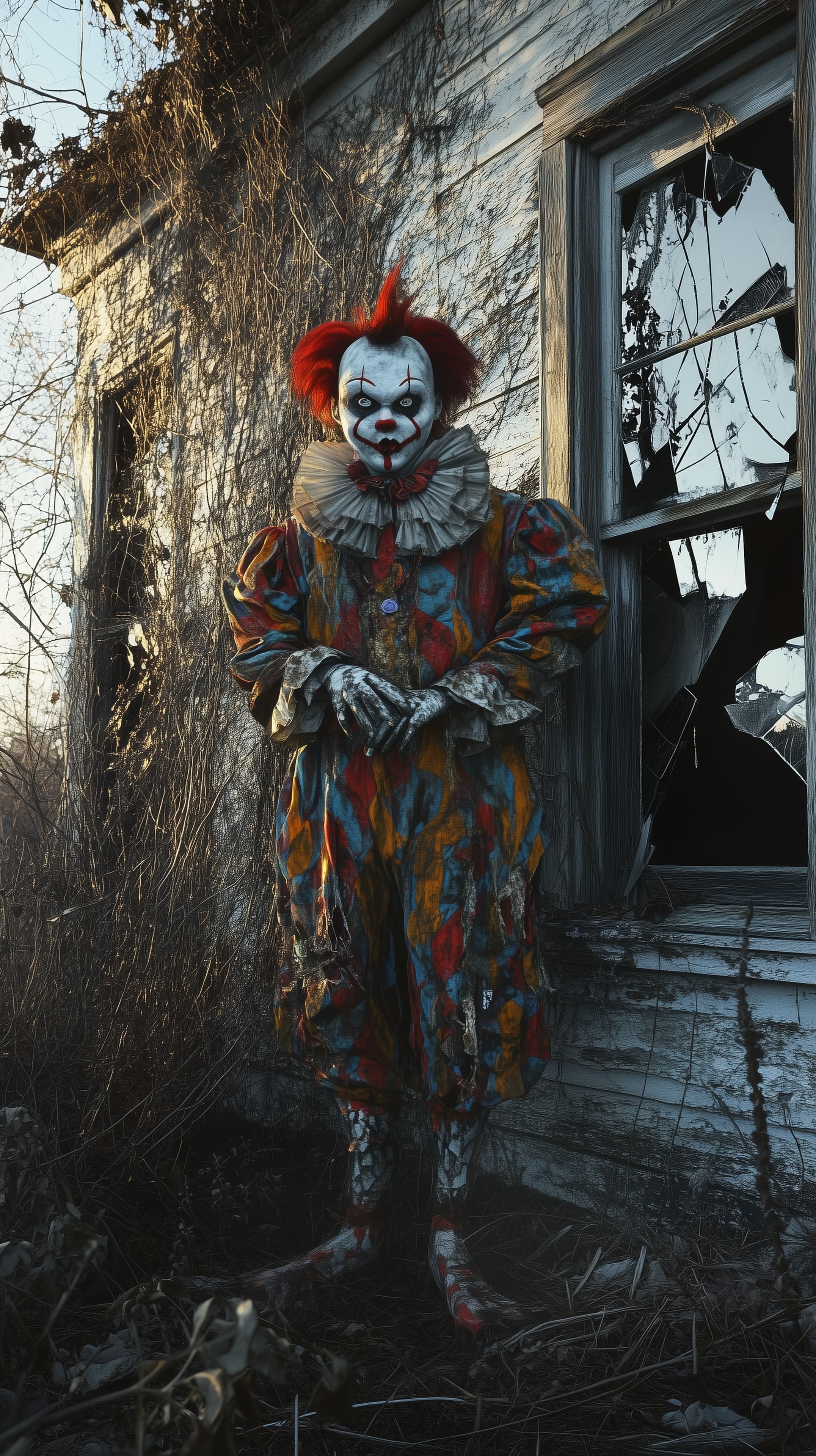Eerie Clown in Abandoned House – Horror Wallpaper for Spooky Screens - High Resolution abandoned-house Wallpaper for Mobile and Desktop