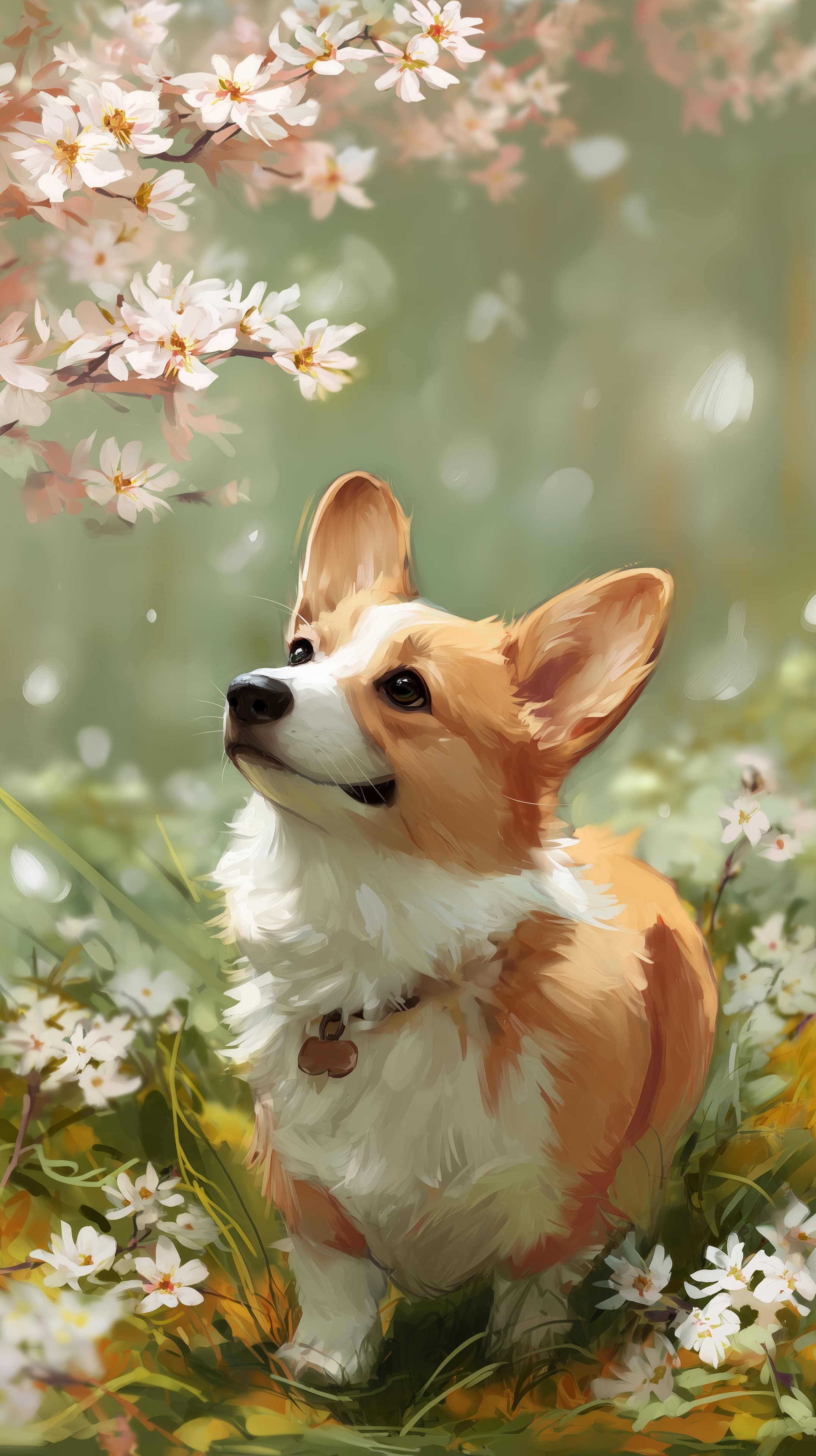 Pastel Spring Corgi in Blossom Garden - Dreamy Wall Art - High Resolution blossoms Wallpaper for Mobile and Desktop