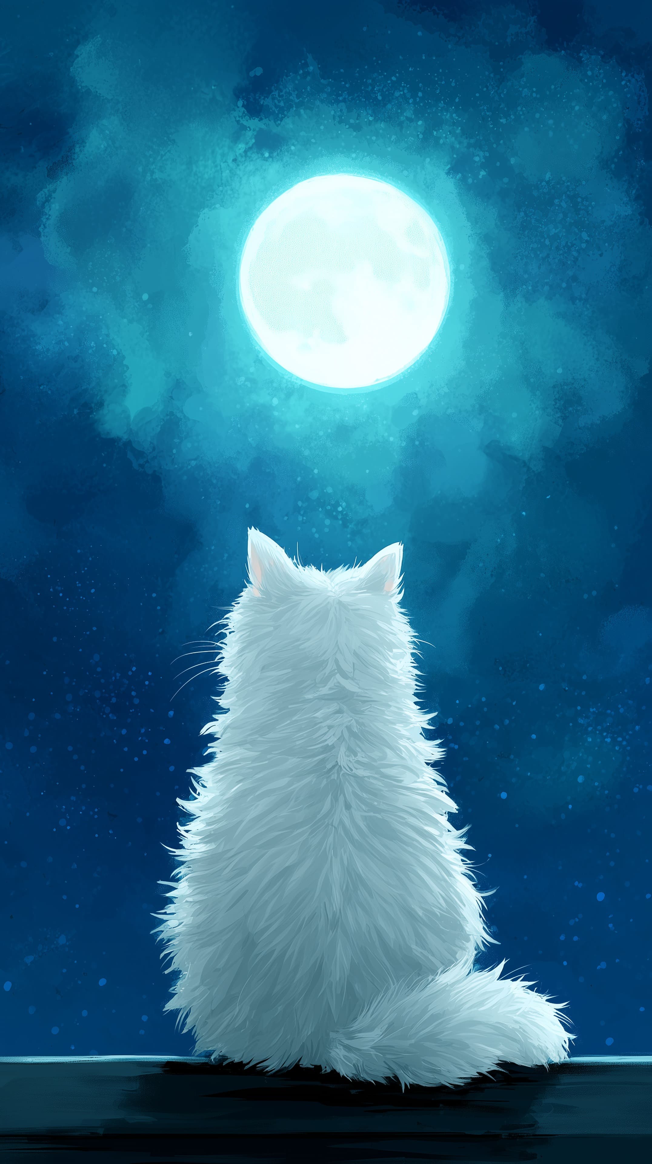 Moonlit White Cat Watching the Full Moon - Night Sky Wallpaper - High Resolution blue-tones Wallpaper for Mobile and Desktop