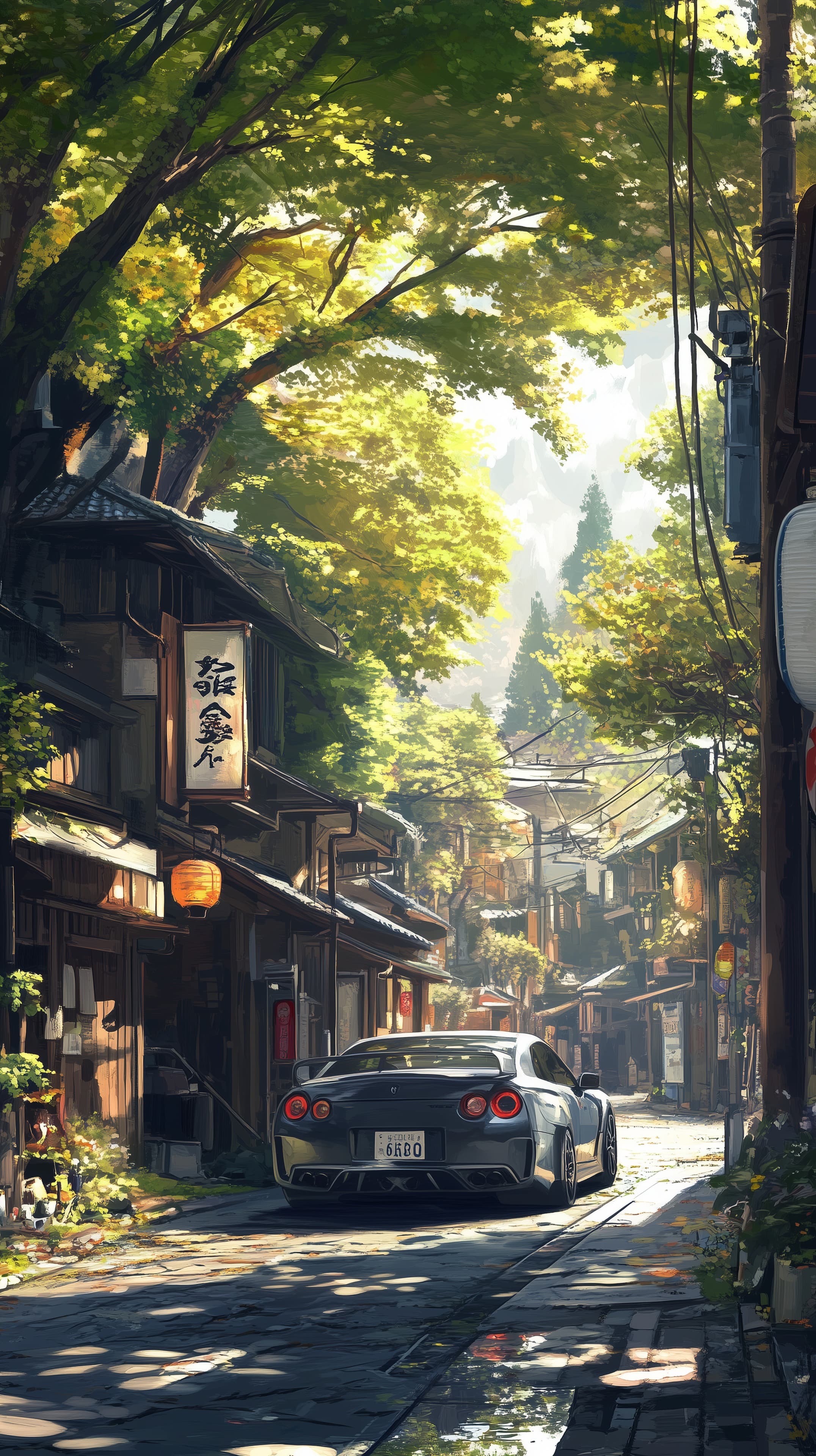 Sunlit Alley Street Scene with Lush Trees and Sleek Sports Car - High Resolution city-street Wallpaper for Mobile and Desktop
