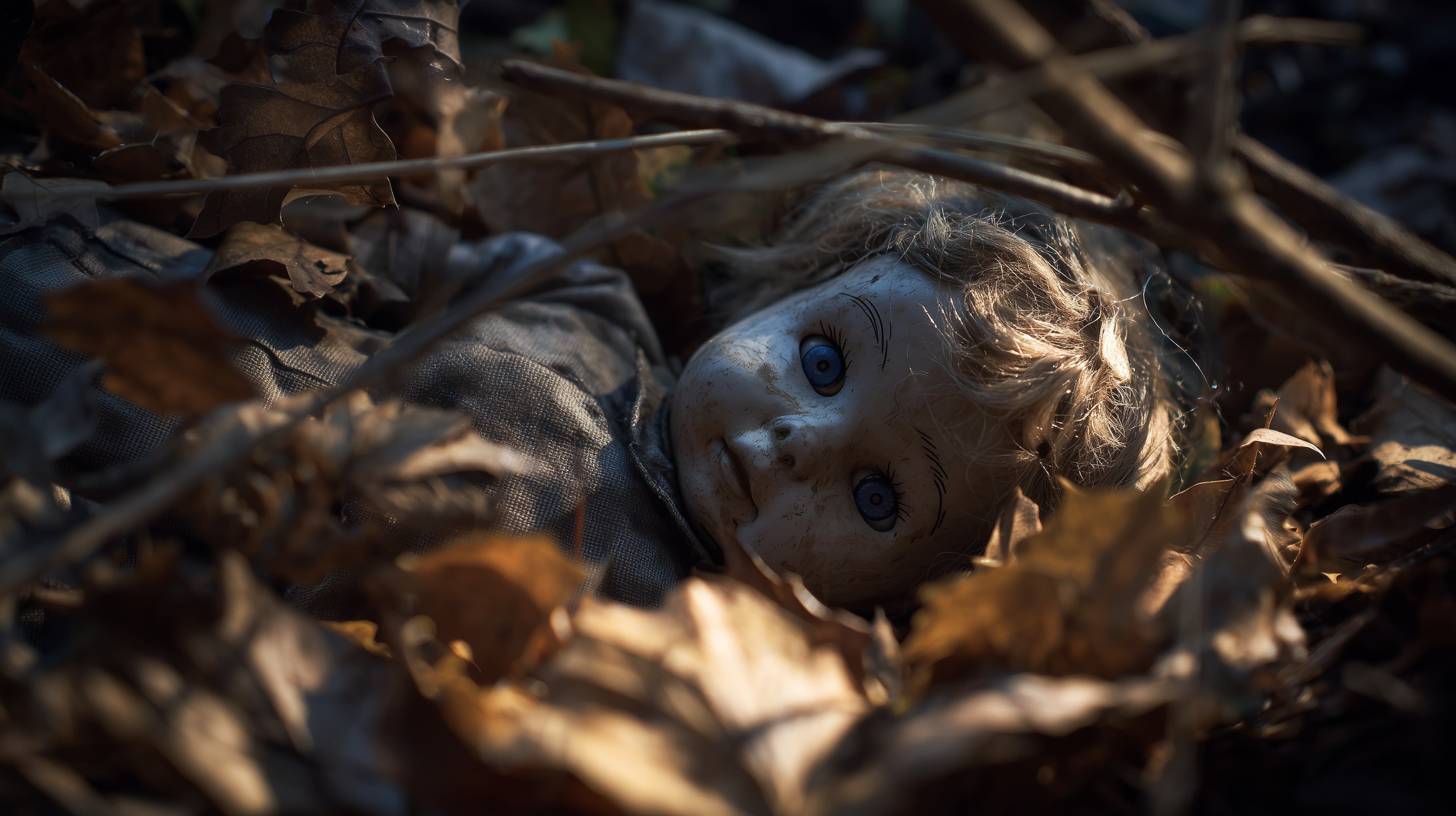 Haunted Doll among Autumn Leaves – Creepy Forest Wallpaper - High Resolution doll Wallpaper for Mobile and Desktop