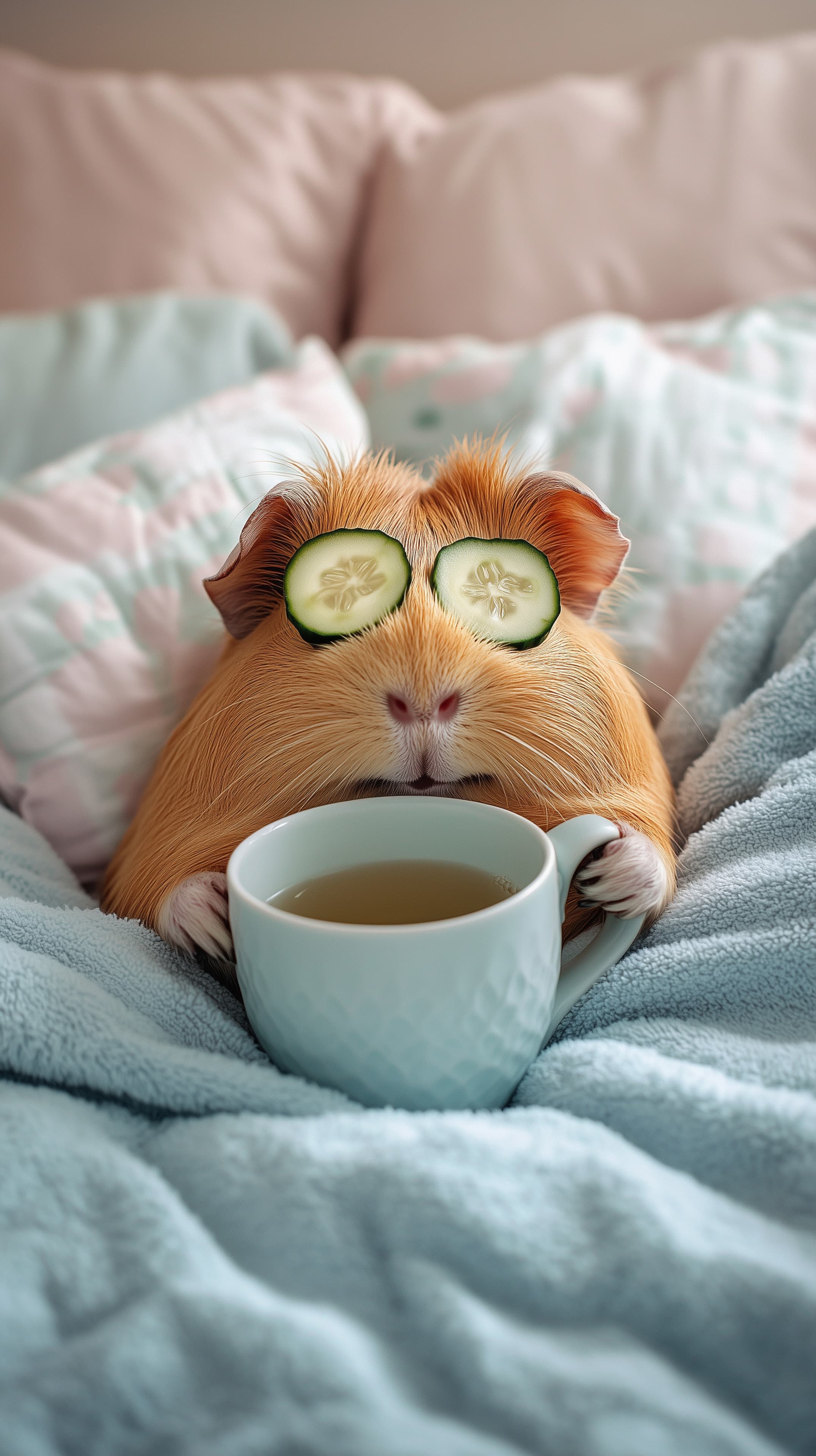 Whimsical guinea pig with cucumber eyes sipping tea on cozy blanket - High Resolution cozy-decor Wallpaper for Mobile and Desktop