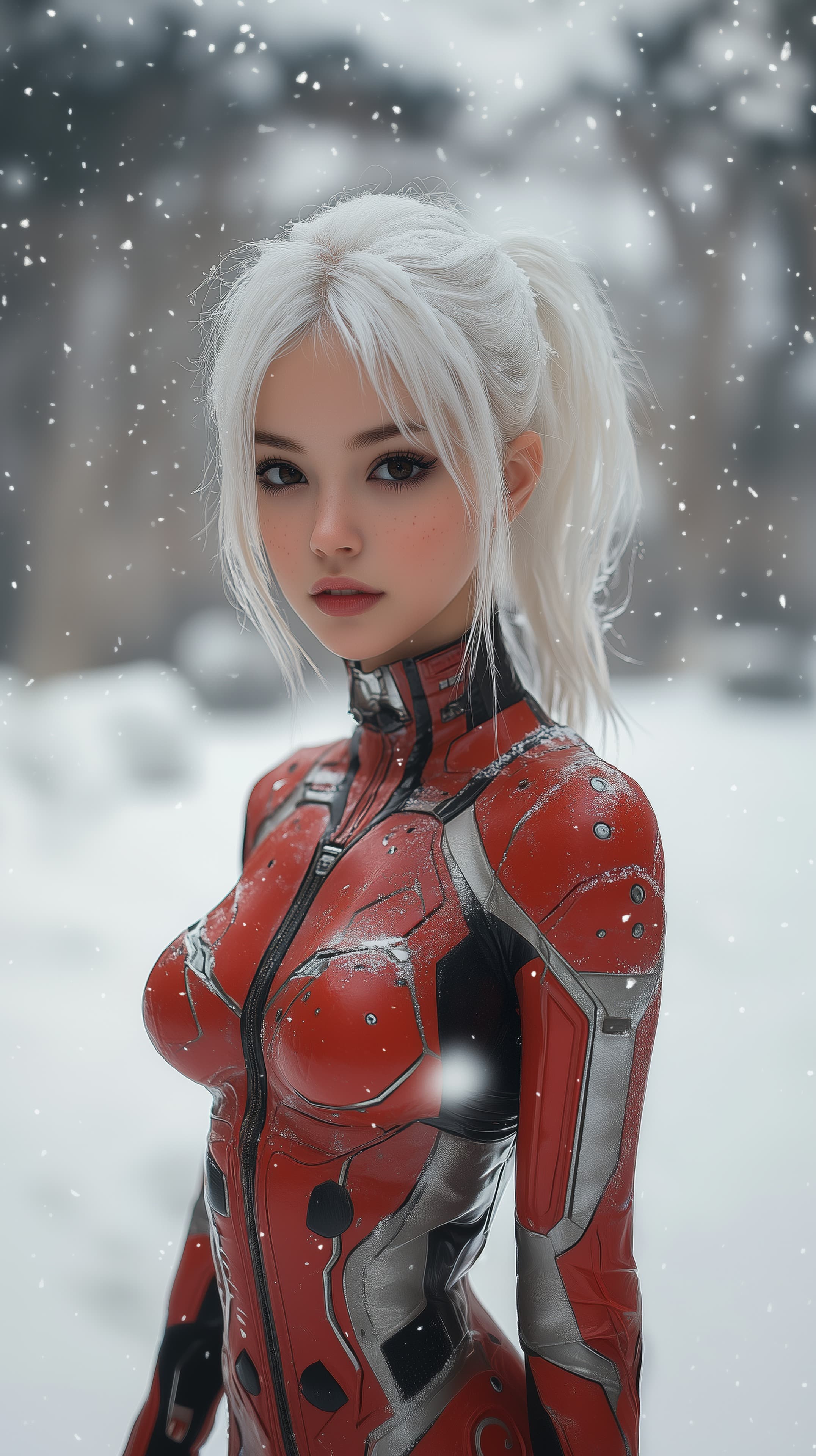 Snowy Portrait of a Female Warrior in Red Futuristic Armor - High Resolution anime-inspired Wallpaper for Mobile and Desktop