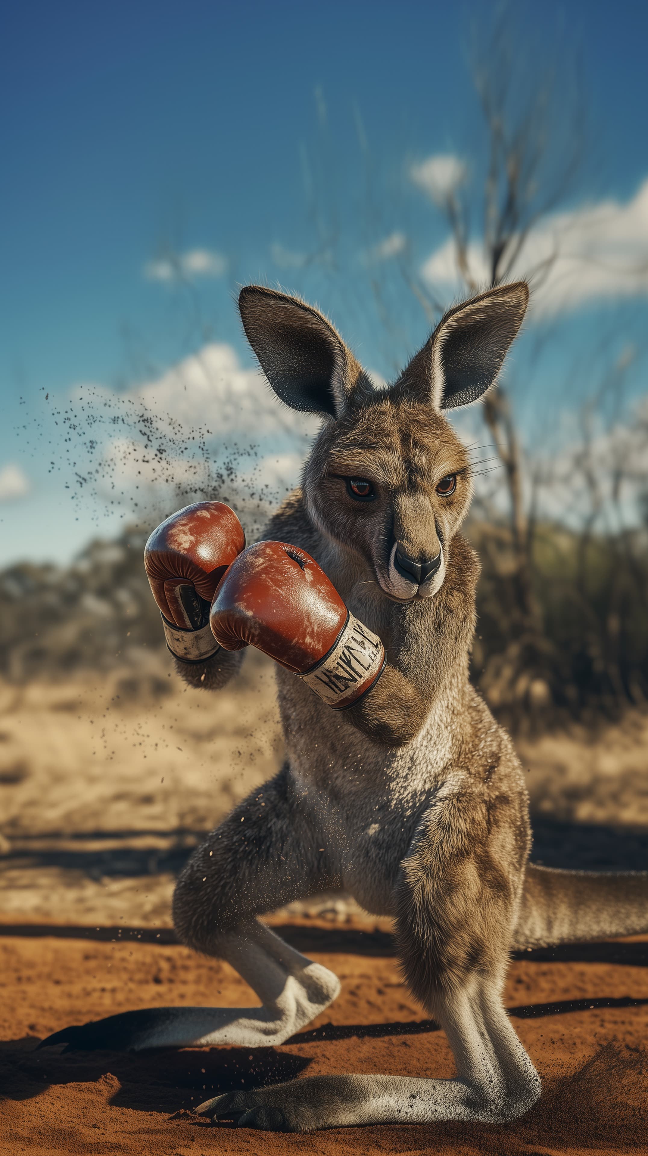 Dynamic Kangaroo Boxer in a Bright Sunny Desert Arena - High Resolution action Wallpaper for Mobile and Desktop