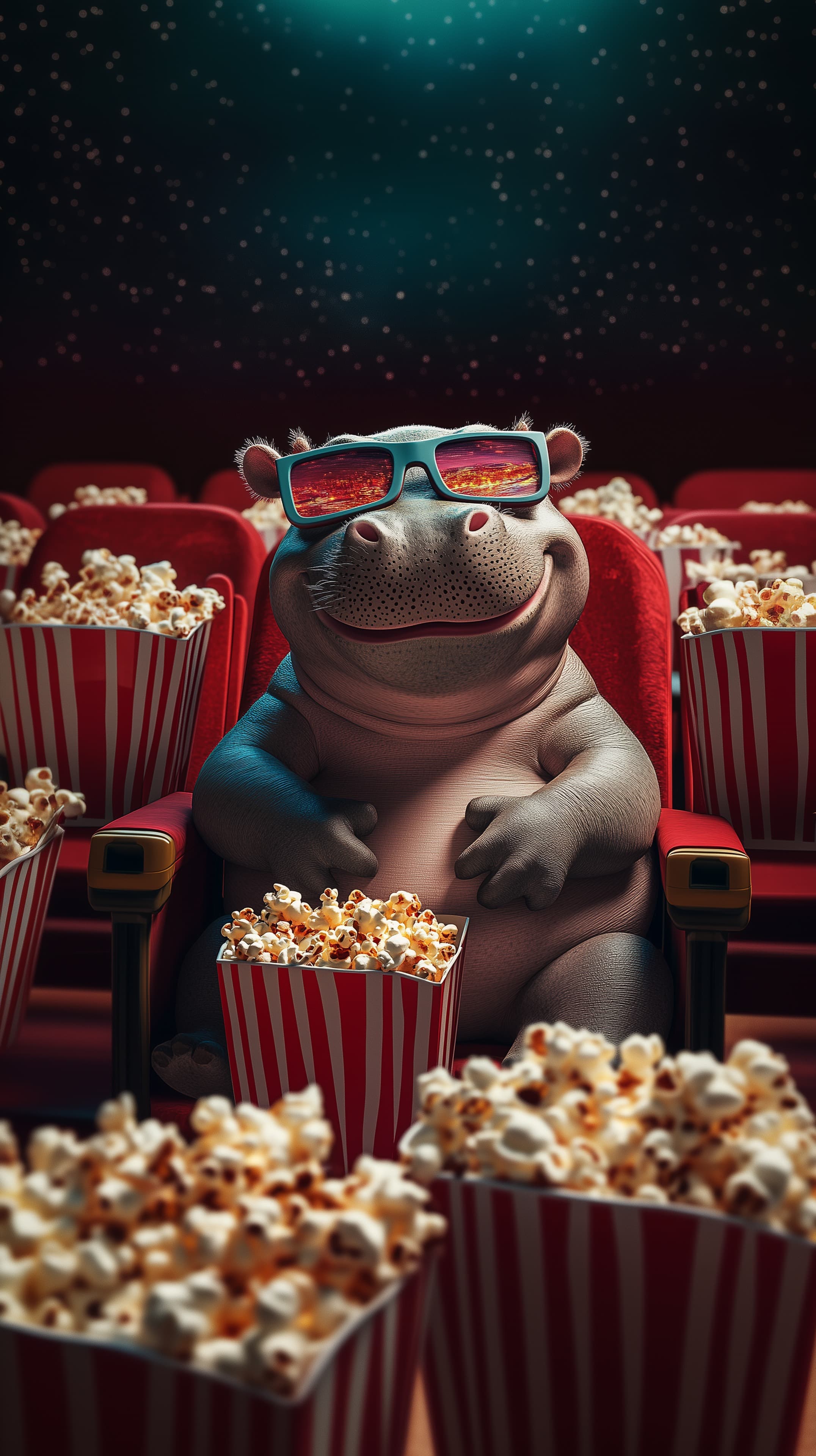 Cute Hippo in a Movie Theater with Popcorn and 3D Glasses - High Resolution 3d-glasses Wallpaper for Mobile and Desktop