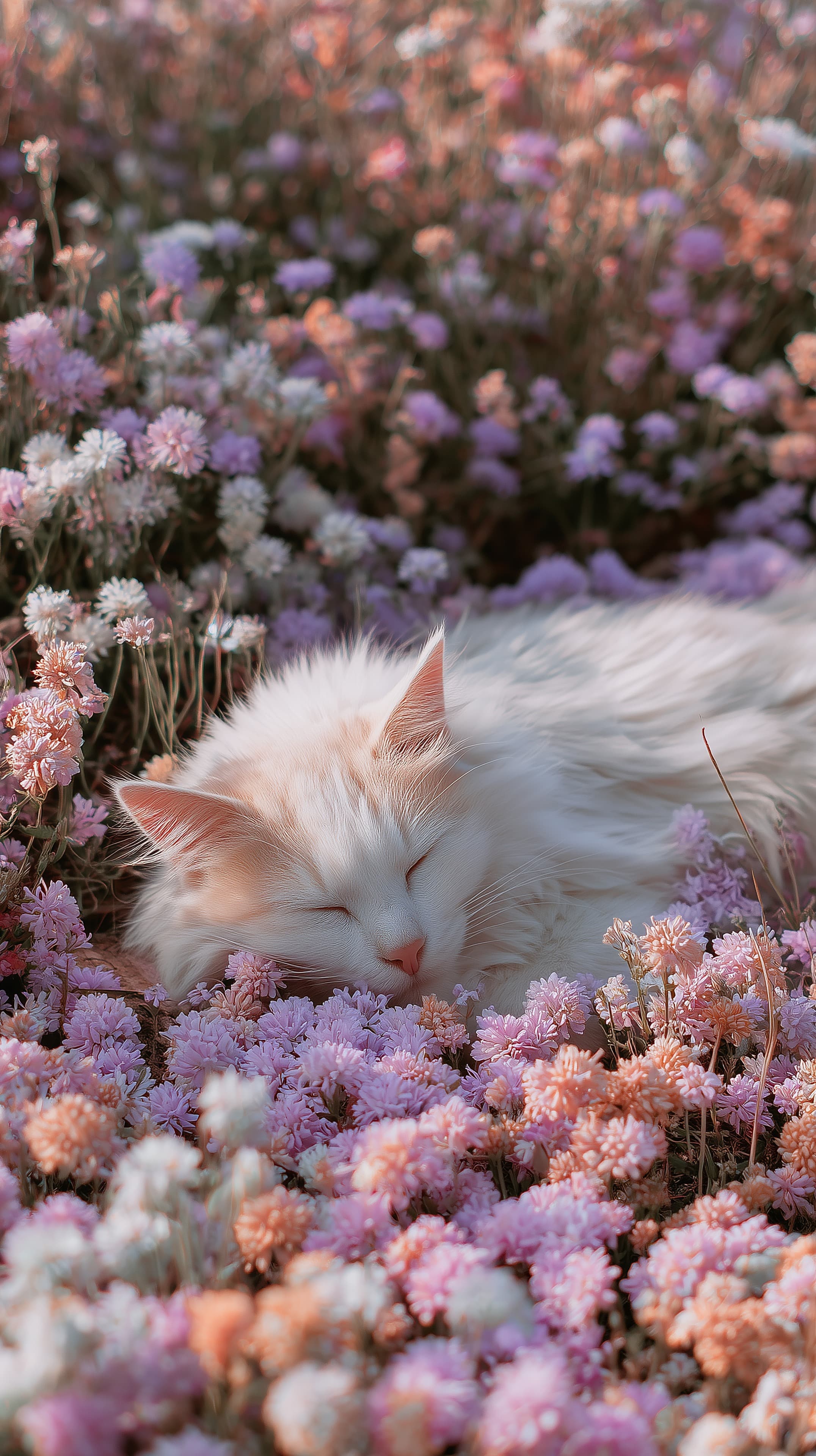 Sleeping Cat Amid a Soft Pink Flower Meadow at Dusk - High Resolution calming-background Wallpaper for Mobile and Desktop