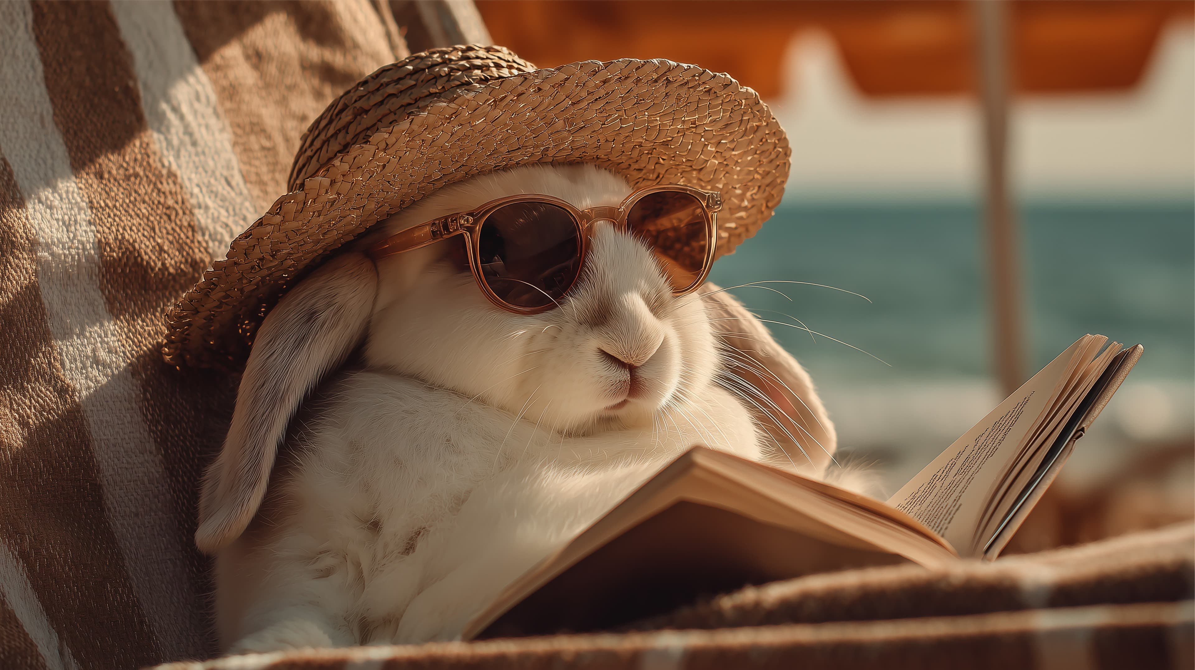 Sunny Beach Bunny in Straw Hat Reading a Book Wallpaper - High Resolution bunny Wallpaper for Mobile and Desktop