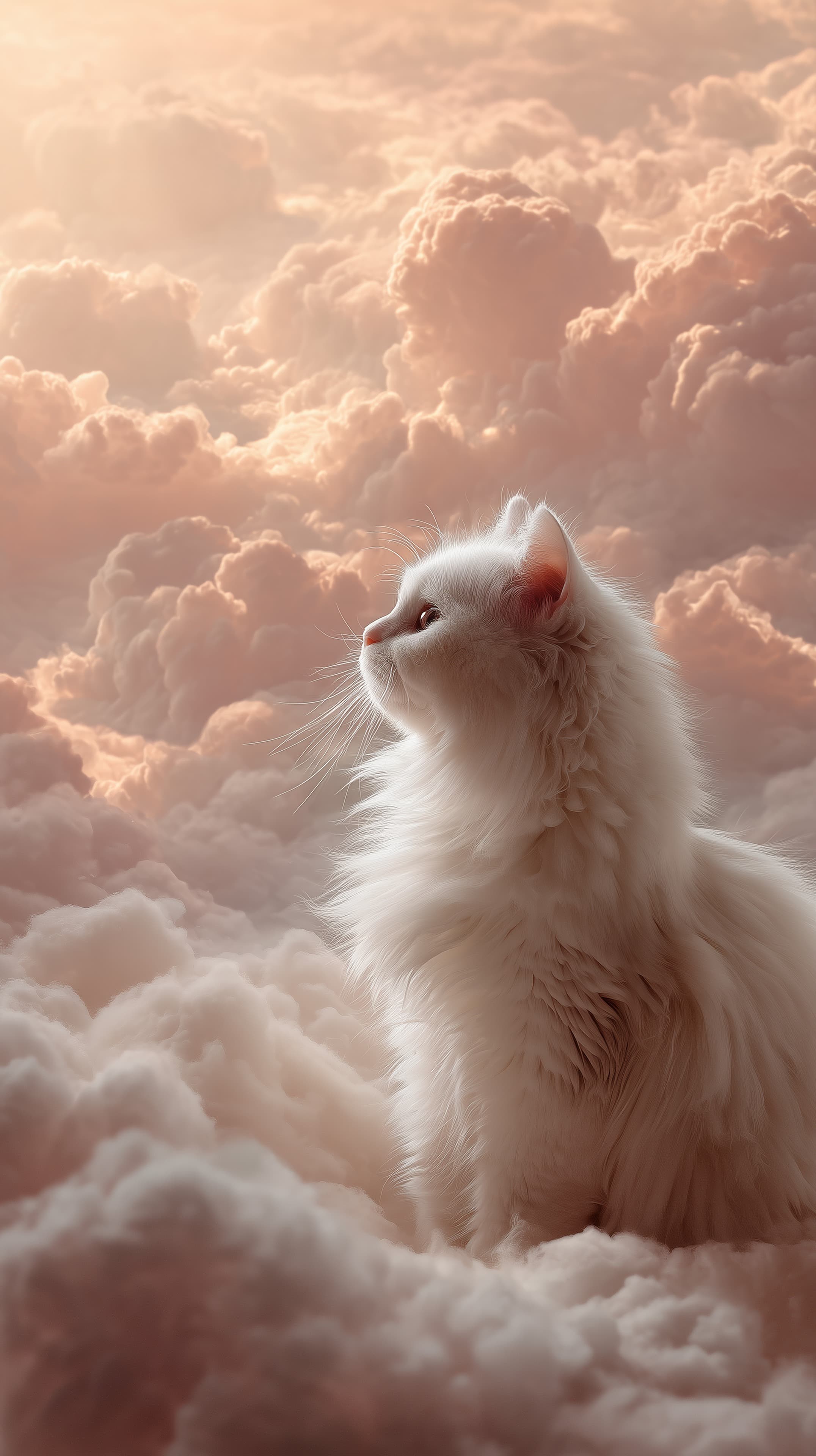 Pastel Cloudscape Wallpaper: White Cat Amid Soft Sunset Clouds - High Resolution cat-wallpaper Wallpaper for Mobile and Desktop