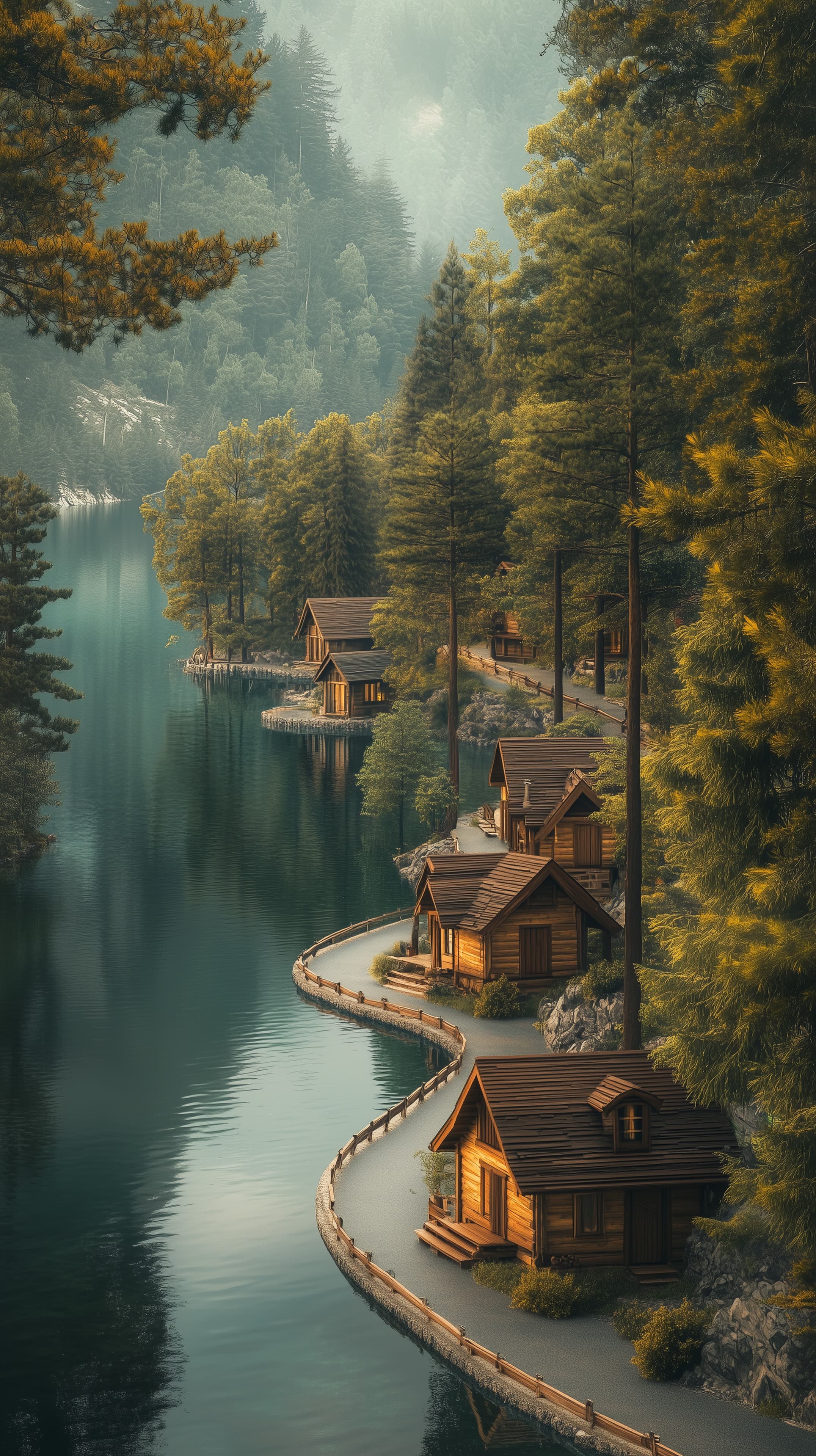 Tranquil Lakeside Cabins Amid Quiet Forest Valley at Dawn - High Resolution calm-lake-scene Wallpaper for Mobile and Desktop