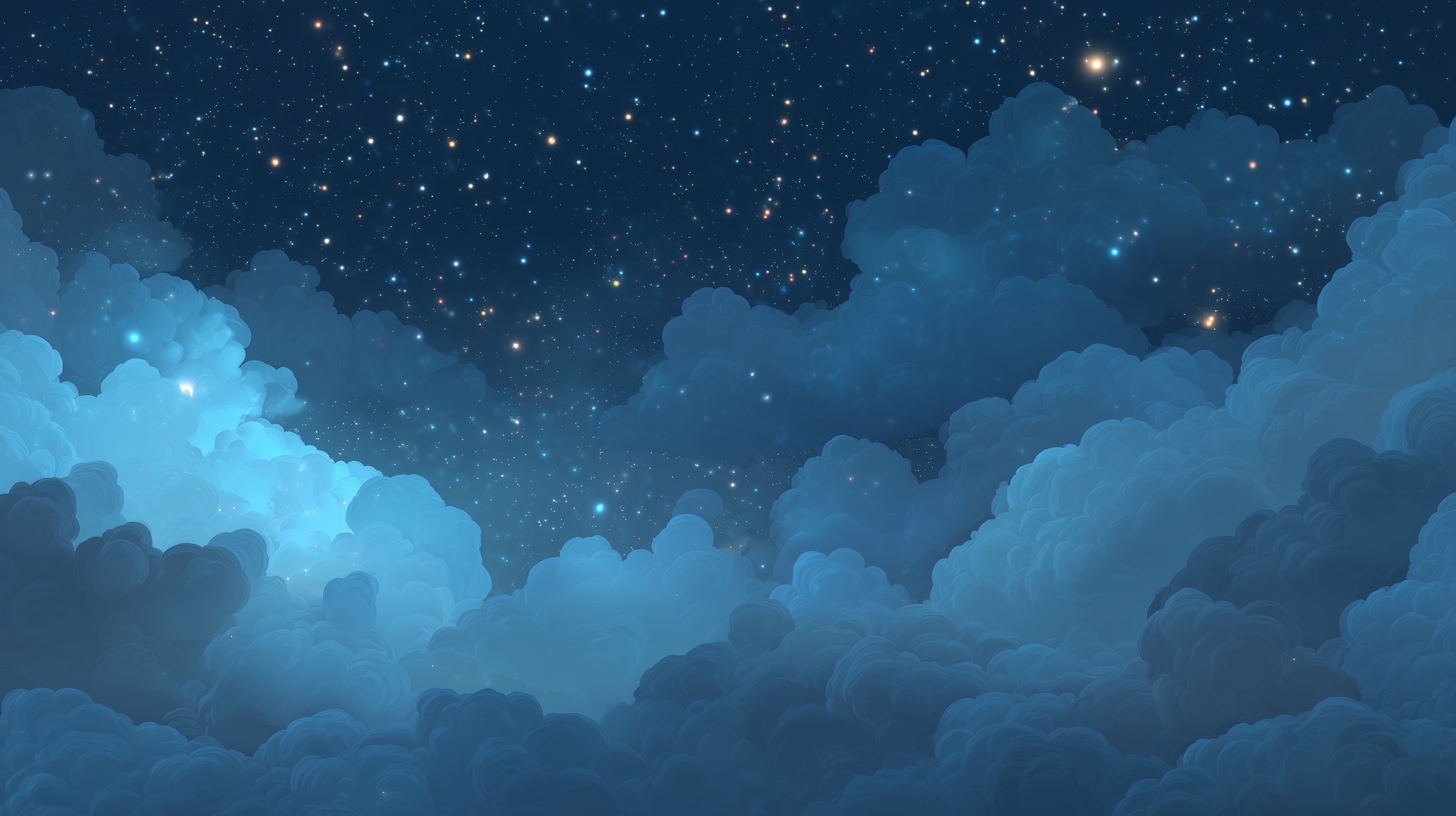 Dreamy Night Sky Over Blue Cloudscape – Starry Wallpaper - High Resolution atmospheric-design Wallpaper for Mobile and Desktop