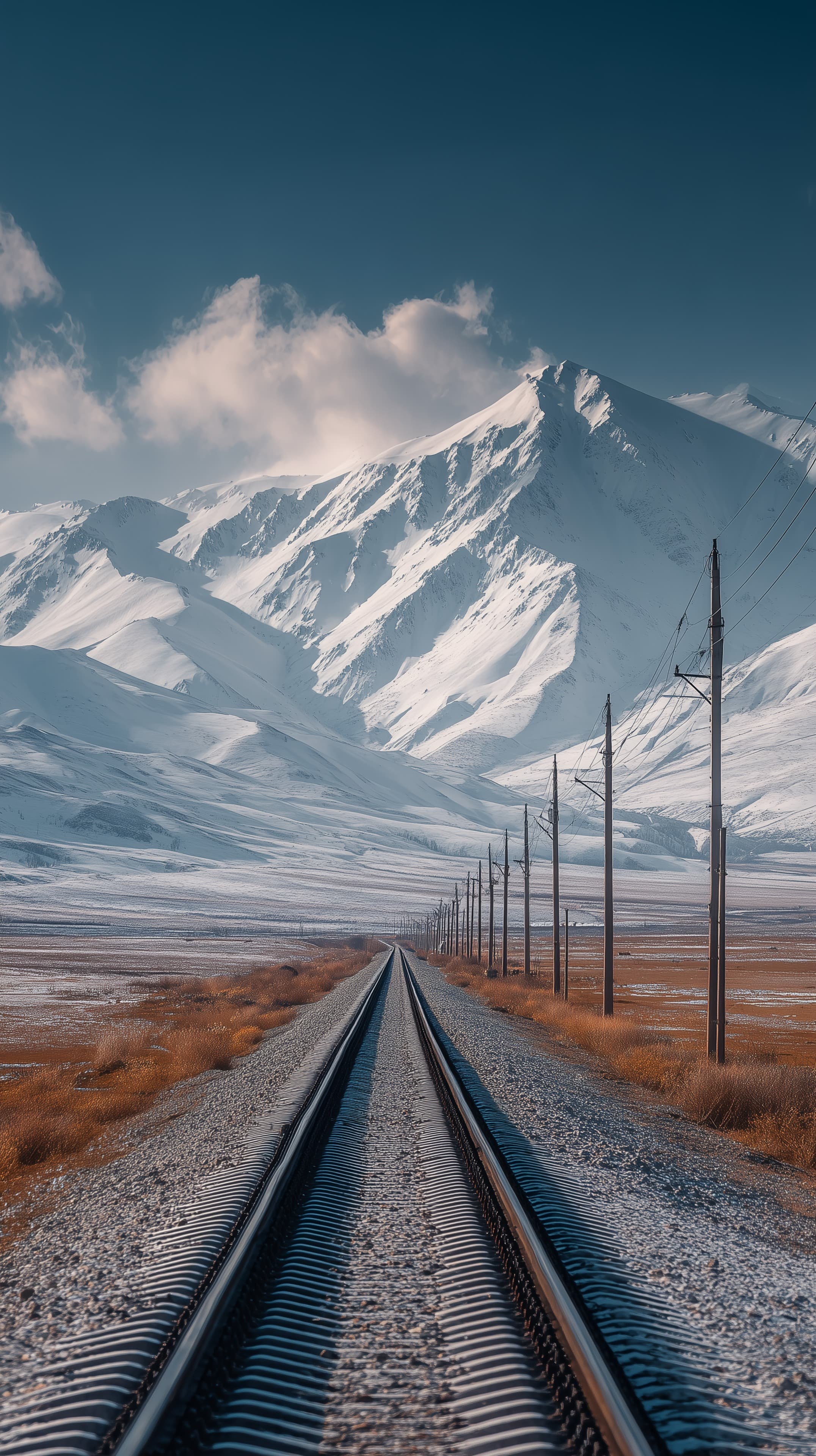 Snowy Mountain Rail Track Wallpaper with Snow-Capped Peaks - High Resolution blue-sky Wallpaper for Mobile and Desktop
