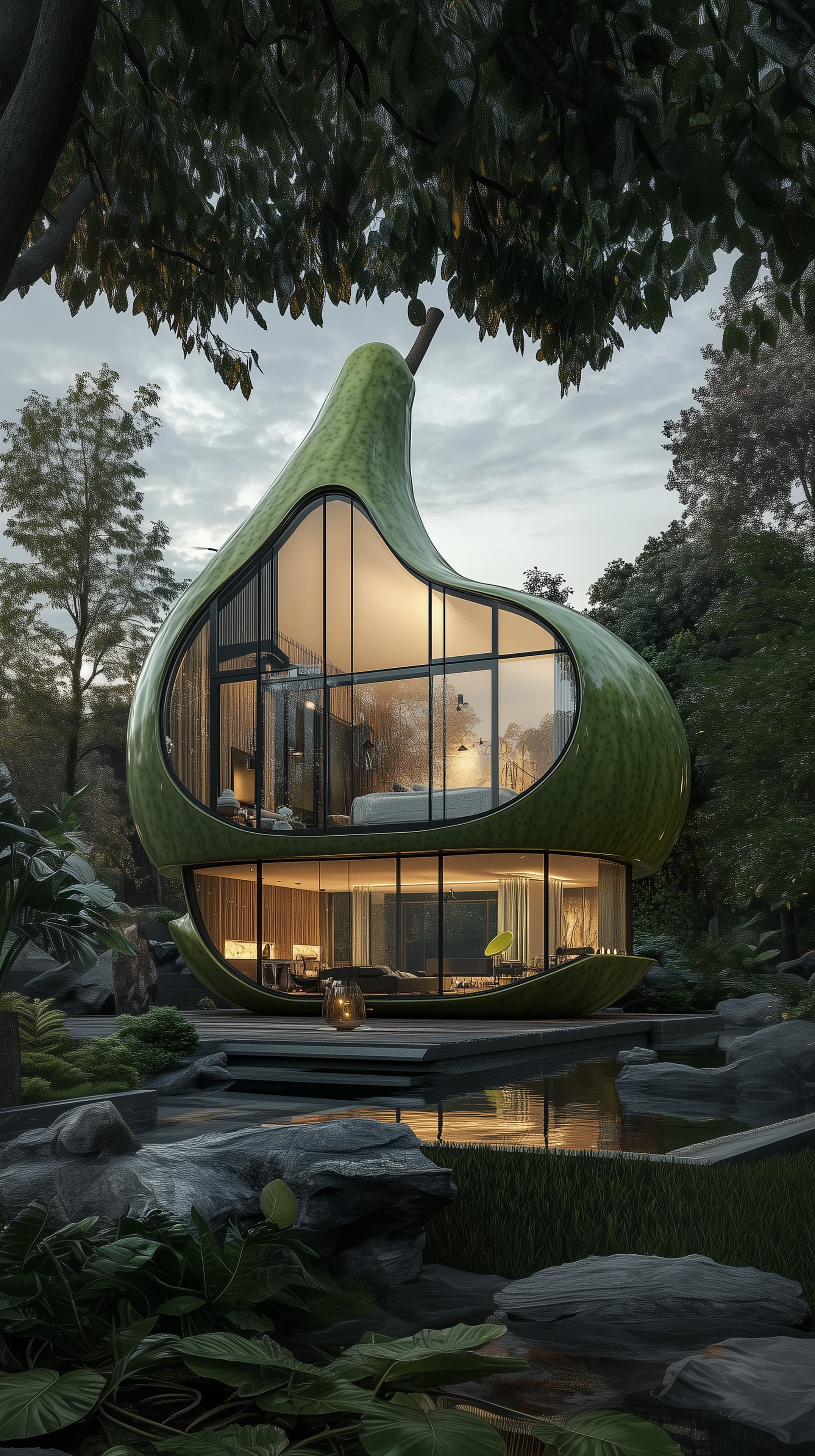 Pear-Shaped Glass House in Emerald Forest at Dusk: a Serene Retreat - High Resolution architectural-photography Wallpaper for Mobile and Desktop