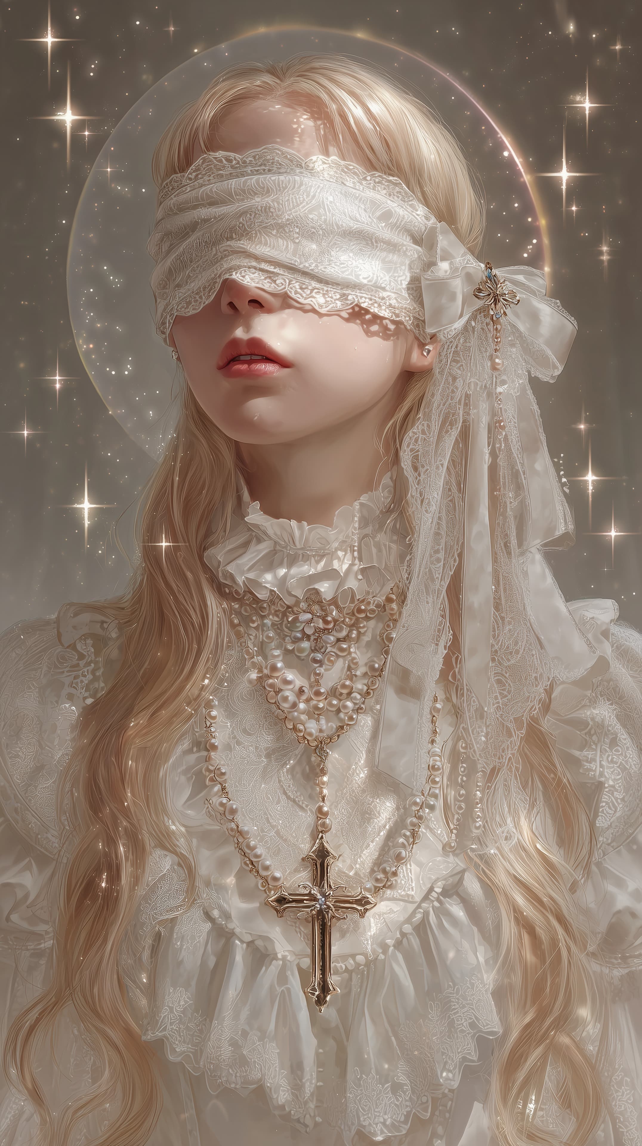 Ethereal Lace Bride with Pearl Cross in Celestial Portrait - High Resolution bridal Wallpaper for Mobile and Desktop