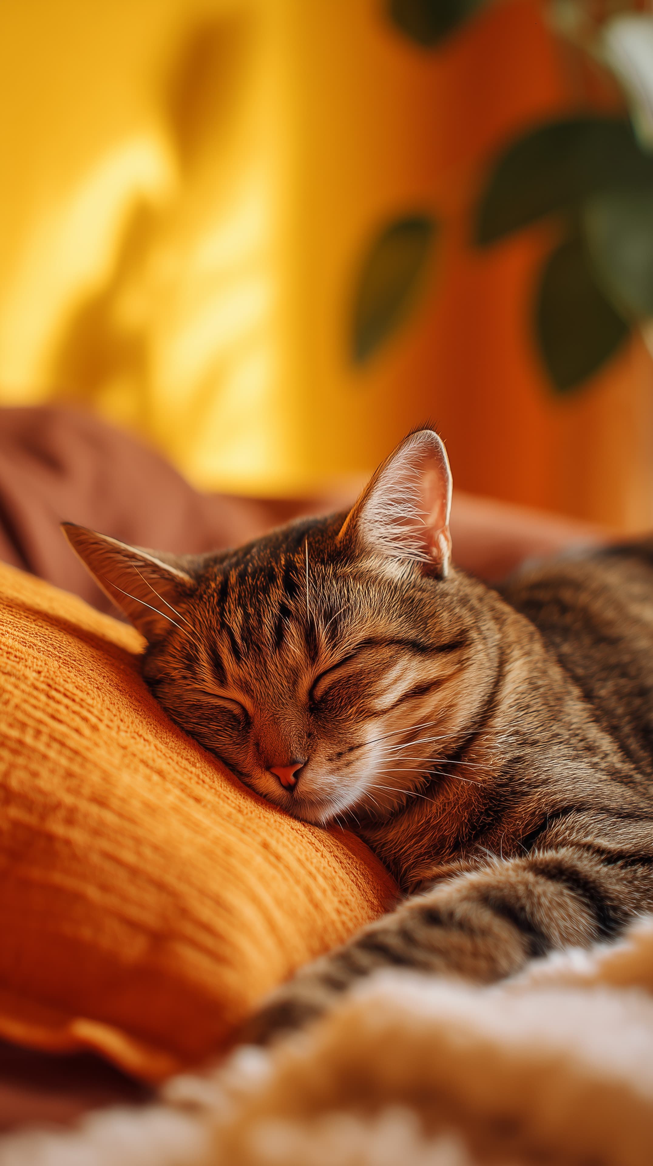 Cozy Orange-Tone Cat Sleeping on Warm Fabric Wallpaper - High Resolution cat Wallpaper for Mobile and Desktop
