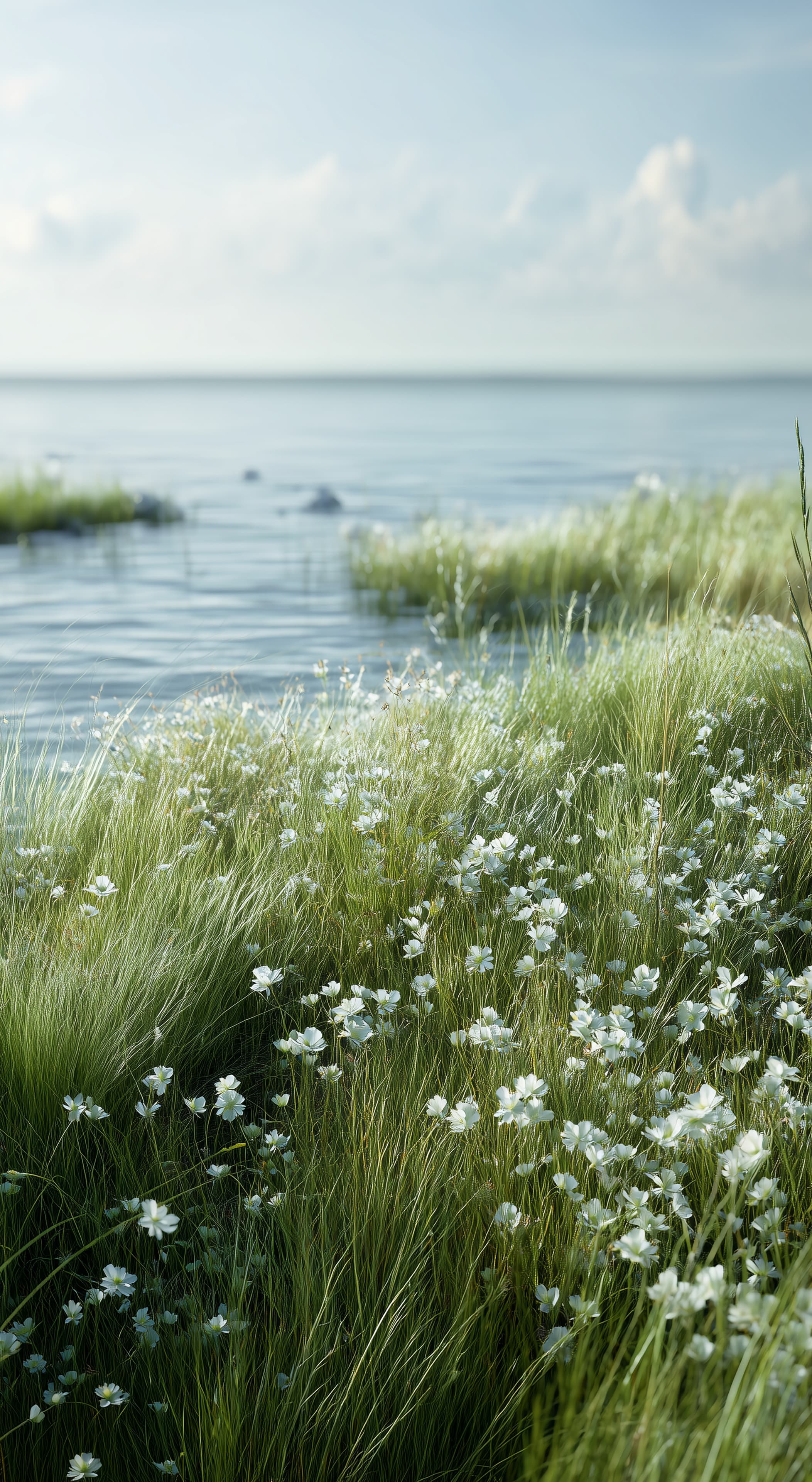 Tranquil Lakeside Meadow with White Flowers at Dawn - High Resolution calm-nature Wallpaper for Mobile and Desktop