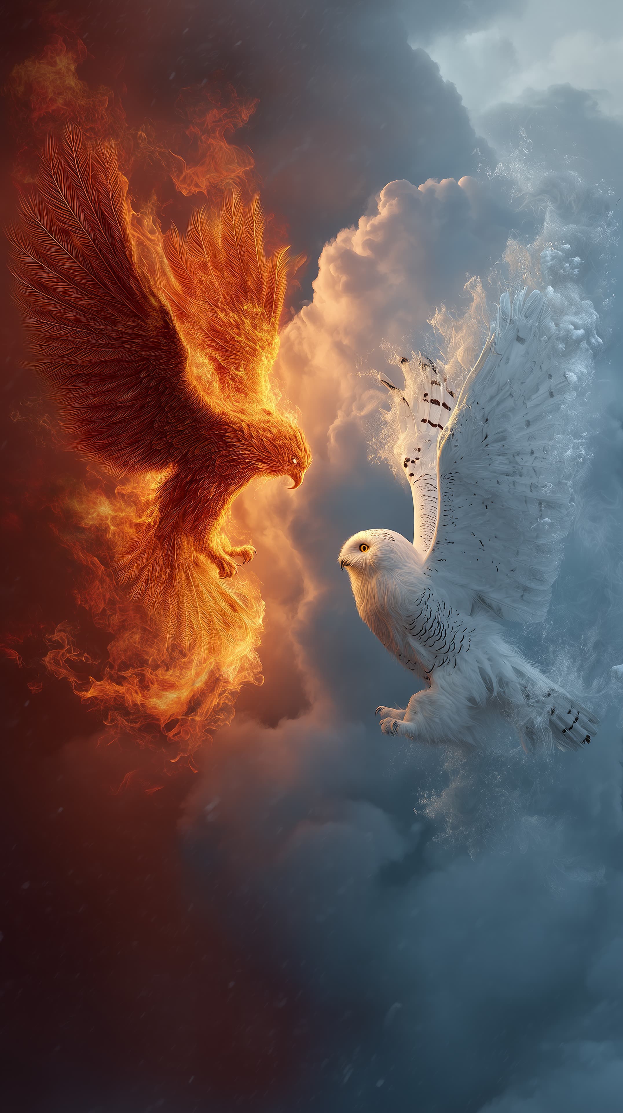 Fiery Fire and Icy Snow Eagles Clash in Epic Sky Wallpaper - High Resolution fantasy Wallpaper for Mobile and Desktop