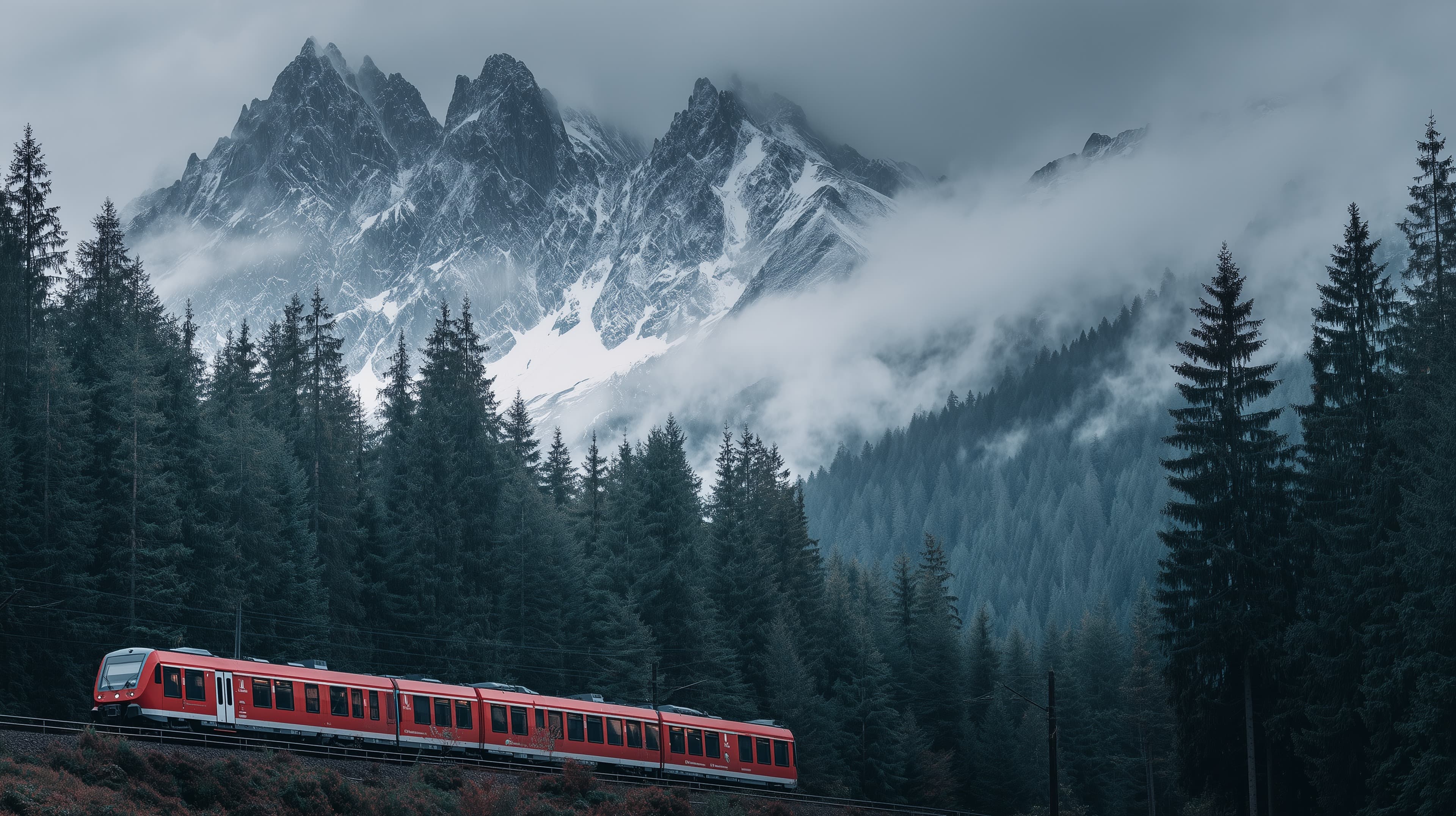 Red Passenger Train Through Misty Mountain Forest and Snowy Peaks - High Resolution alpine Wallpaper for Mobile and Desktop