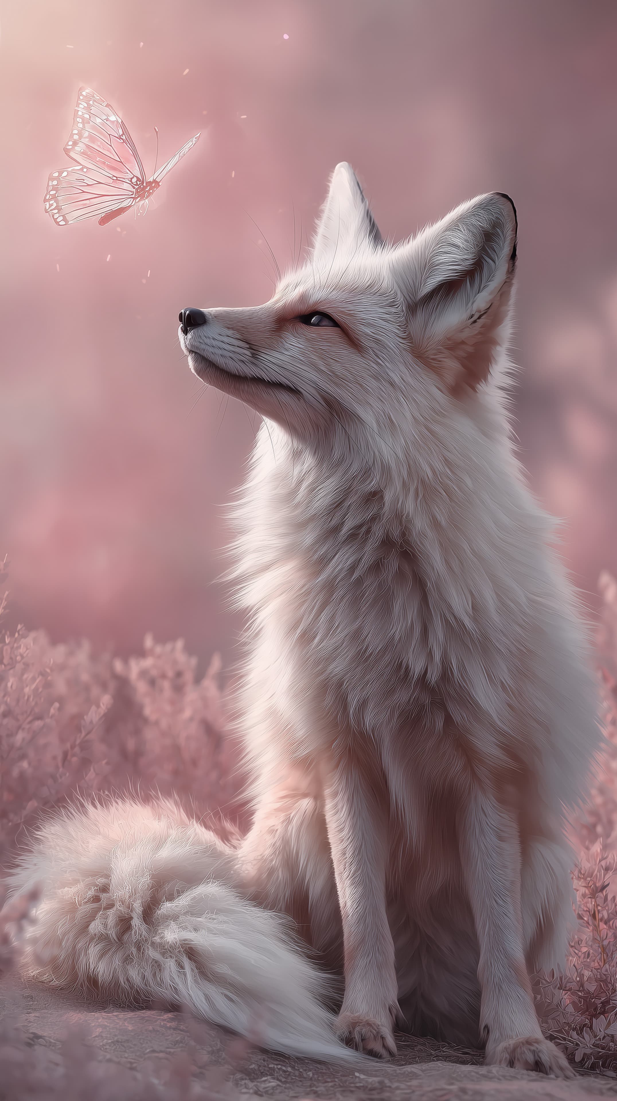 Dreamy Pink Fox and Butterfly in a Soft Twilight Dreamscape - High Resolution butterfly-motif Wallpaper for Mobile and Desktop