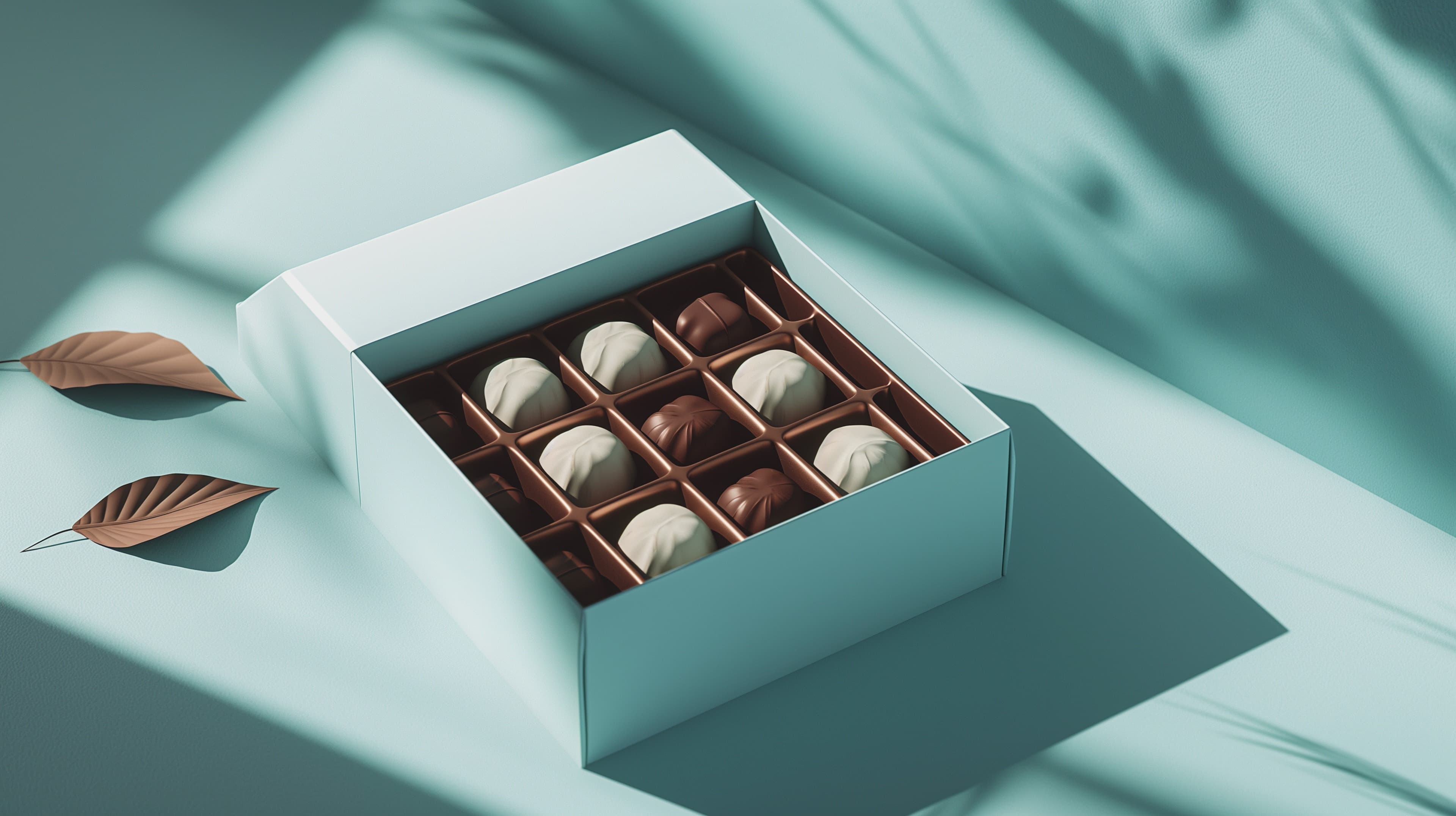 Pastel Chocolate Box Wallpaper - Soft Teal Box with Chocolates - High Resolution box Wallpaper for Mobile and Desktop