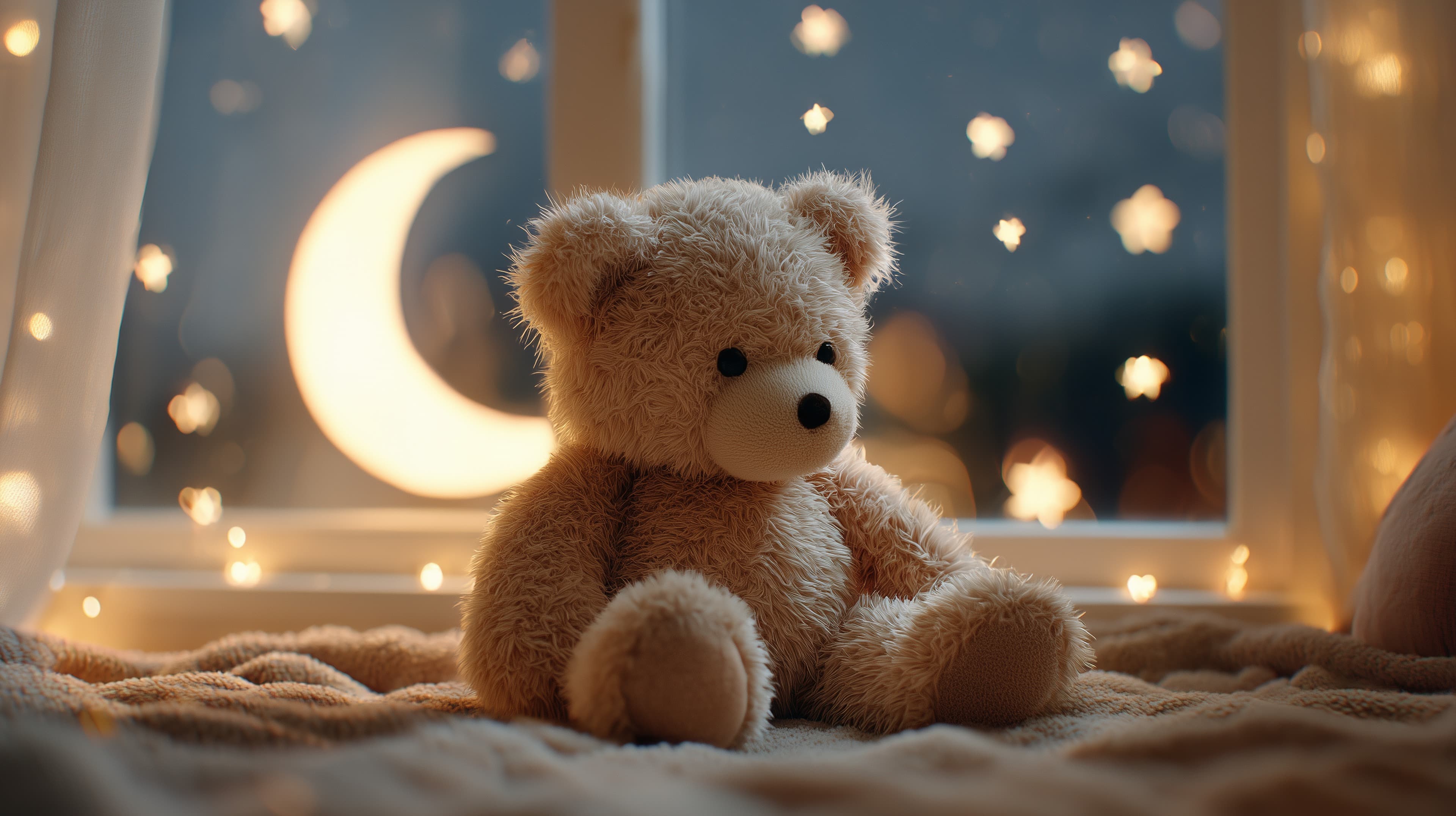 Cozy Teddy Bear Night Scene with Warm Bokeh Lights - High Resolution bokeh Wallpaper for Mobile and Desktop