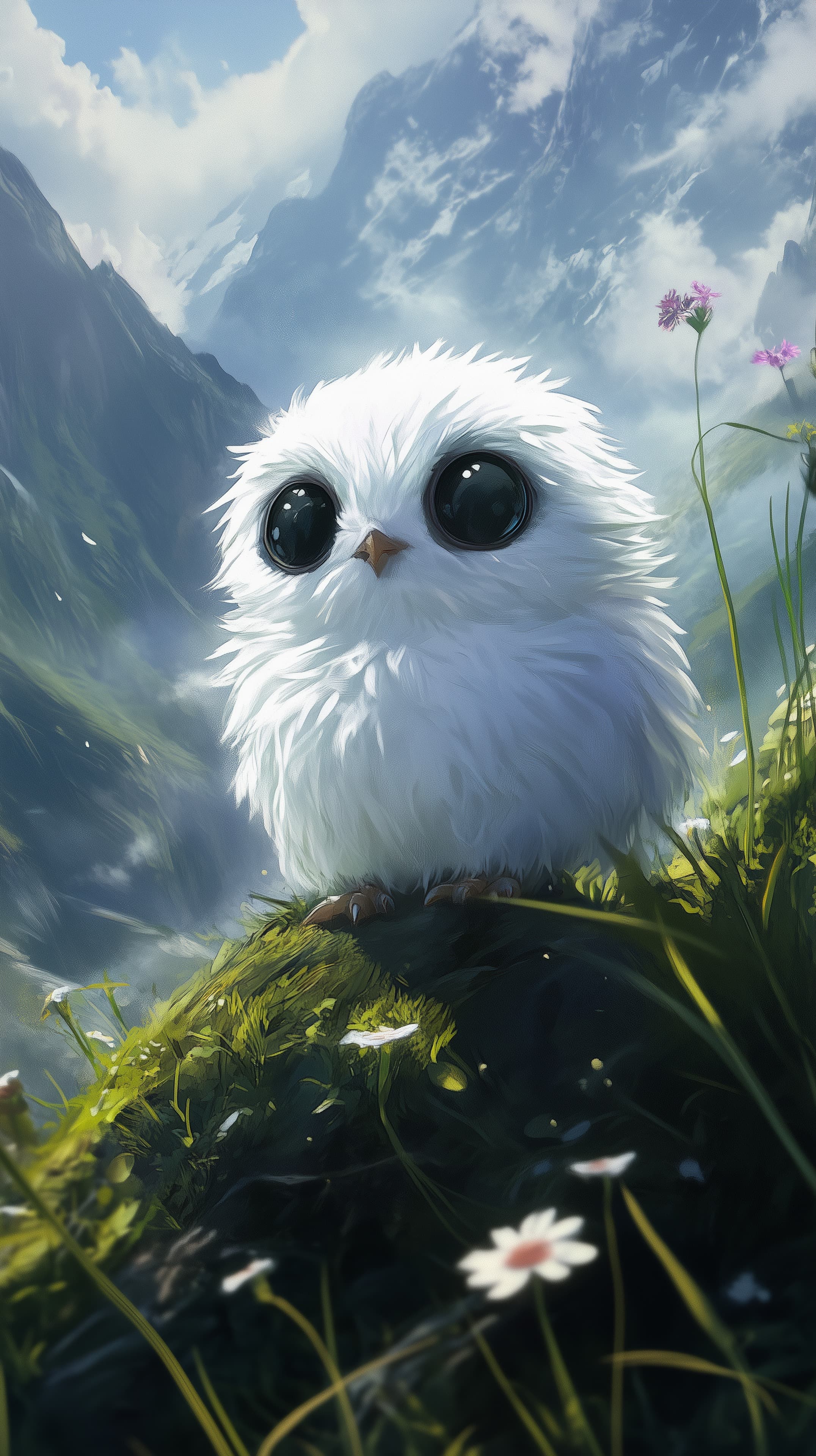 Whimsical Fluffy Chick in Mountain Meadow - Digital Painting - High Resolution big-eyed-bird Wallpaper for Mobile and Desktop