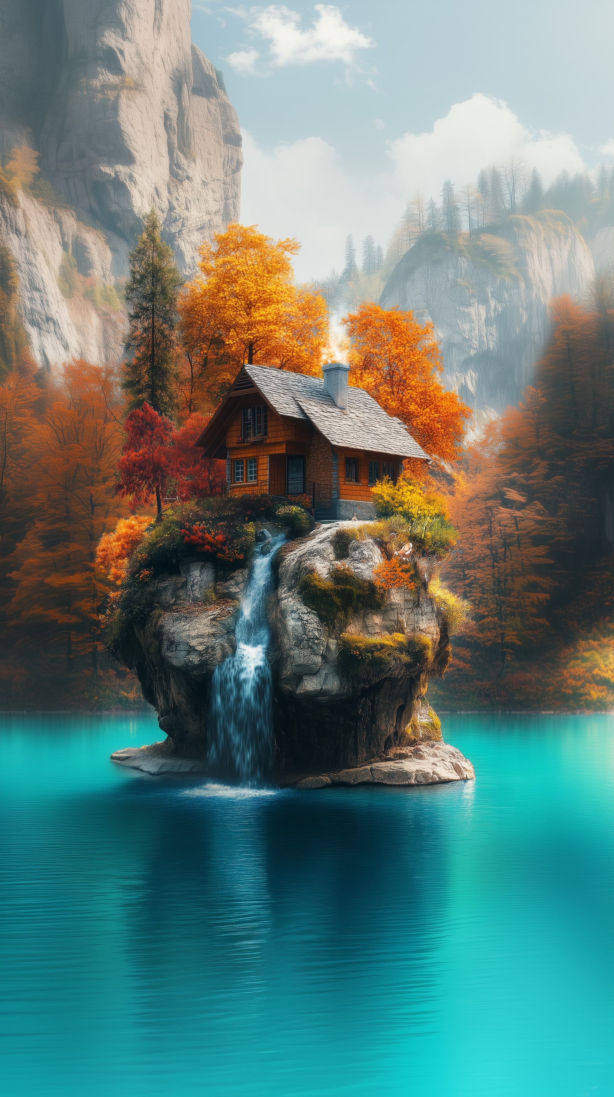 Autumn Cottage on a Rocky Island Over Turquoise Lake - High Resolution autumn Wallpaper for Mobile and Desktop