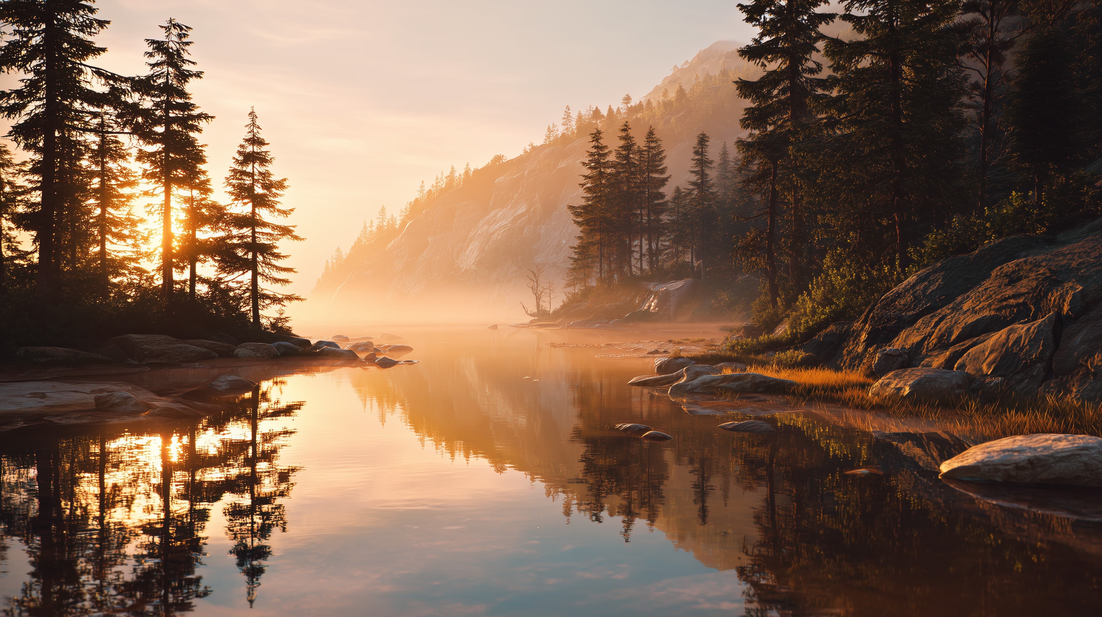 Golden Sunrise Over Serene Forest Lake with Rocky Shore - High Resolution forest Wallpaper for Mobile and Desktop