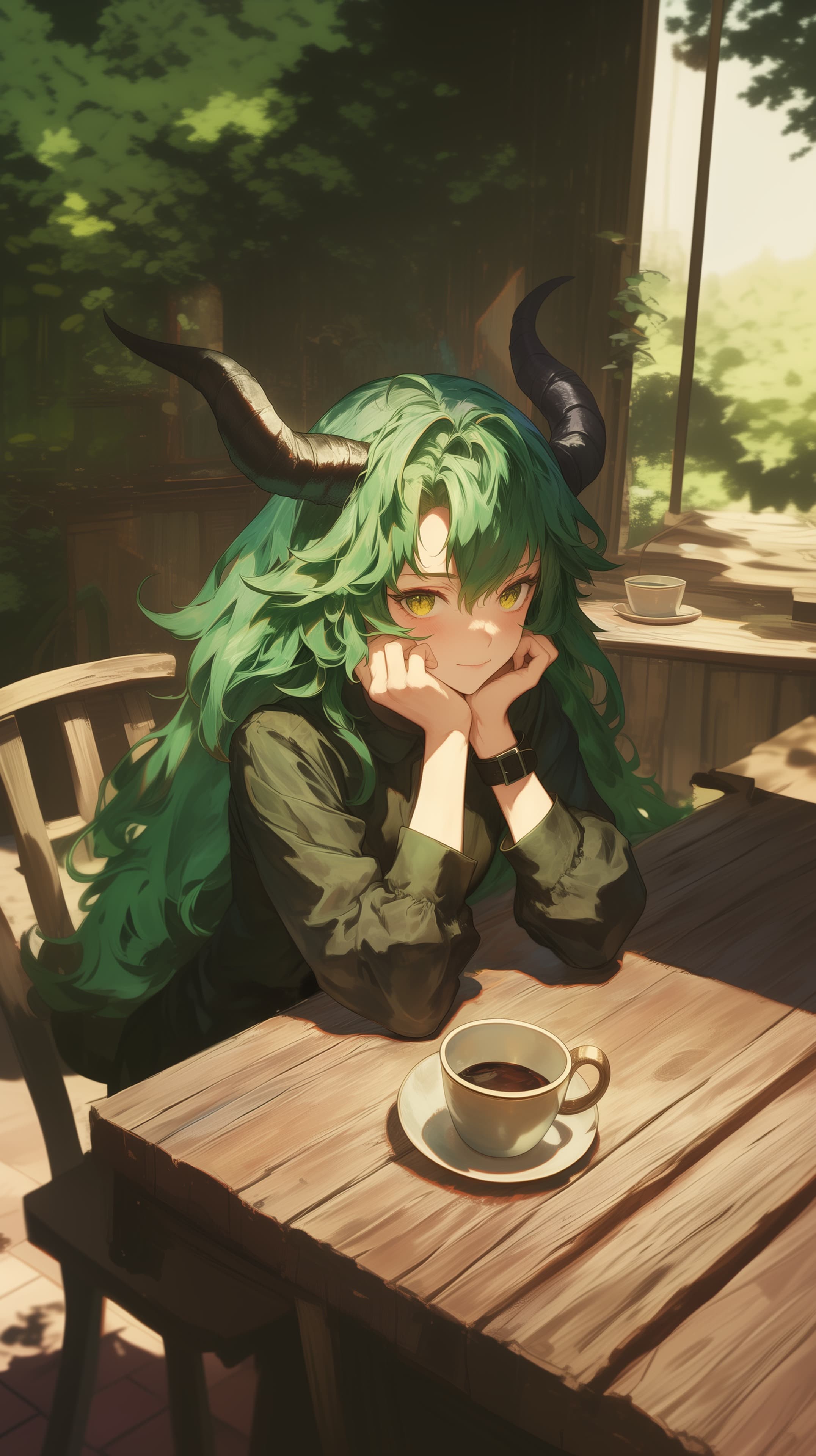 Green-Haired Horned Girl in a Sunlit Cafe - Fantasy Wallpaper - High Resolution anime-style Wallpaper for Mobile and Desktop
