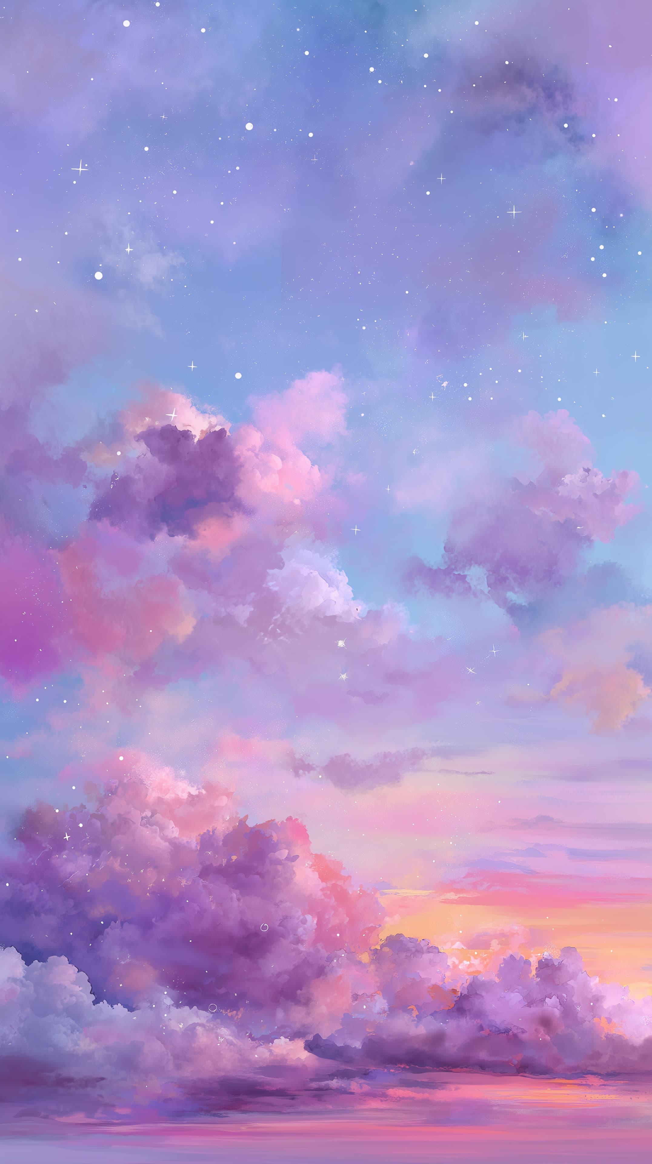 Pastel Dream Sky Wallpaper: Clouds, Stars and Soft Gradient - High Resolution calm Wallpaper for Mobile and Desktop