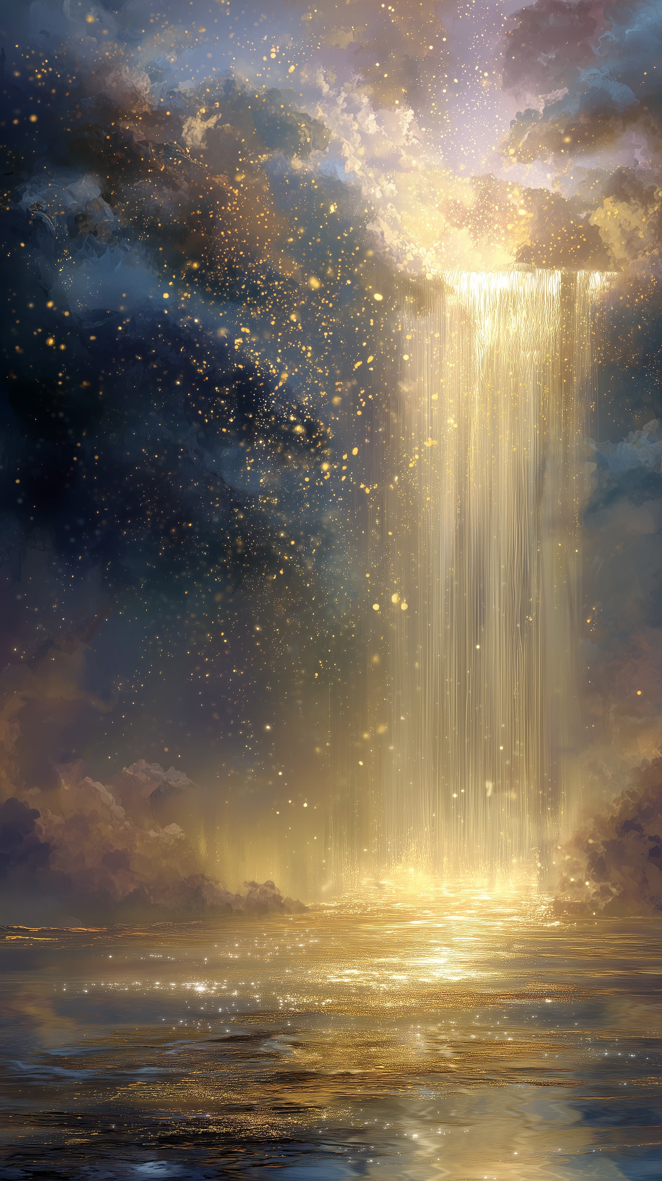 Golden Light Waterfall over Serene Ocean - Fantasy Sky Wallpaper - High Resolution cosmic-scene Wallpaper for Mobile and Desktop
