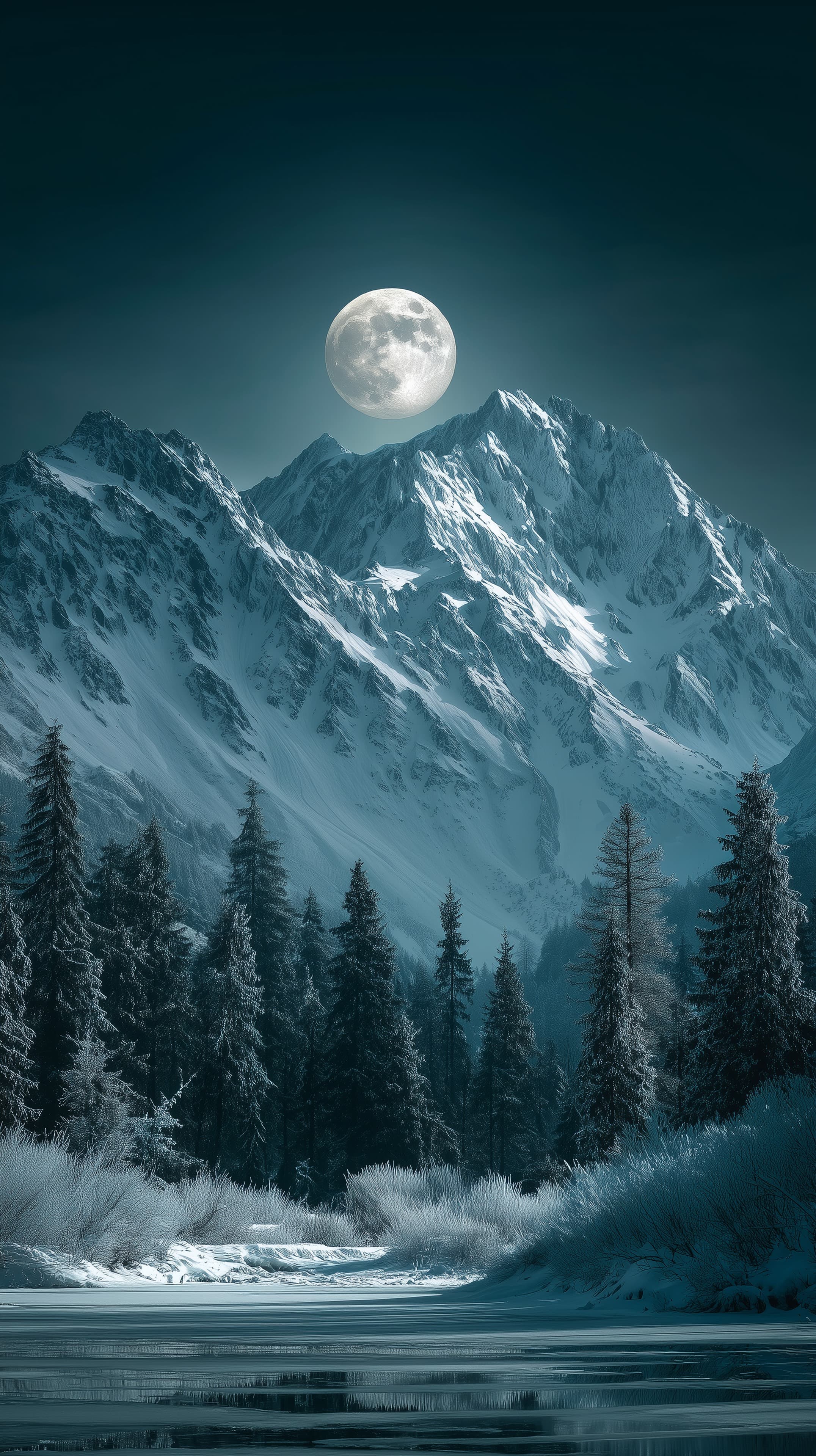 Moonlit Alpine Landscape: Snowy Peaks, Silent Forest - High Resolution alpine Wallpaper for Mobile and Desktop