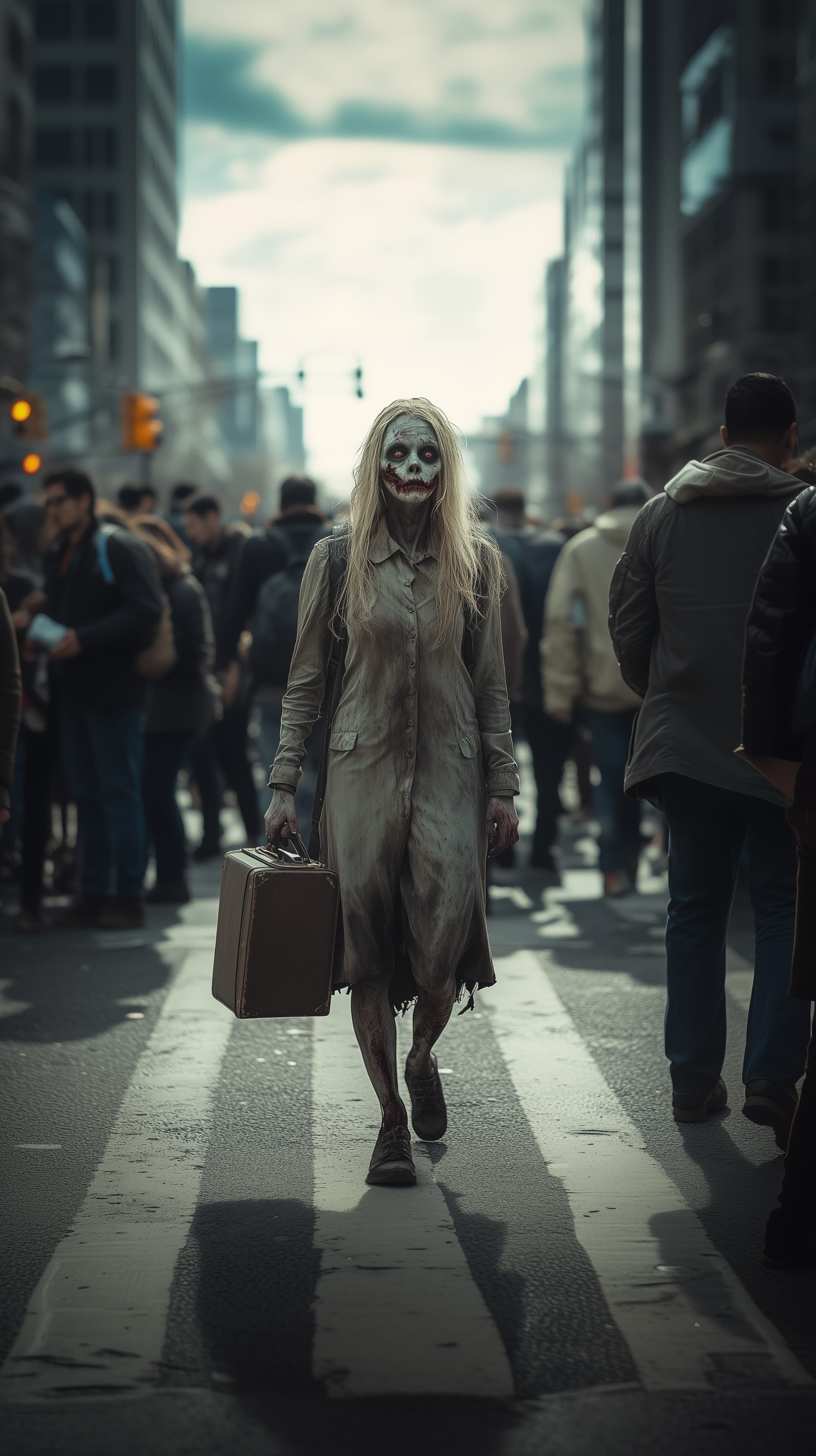 Urban Zombie-Walker on a City Street — eerie wallpaper - High Resolution cinematic-art Wallpaper for Mobile and Desktop