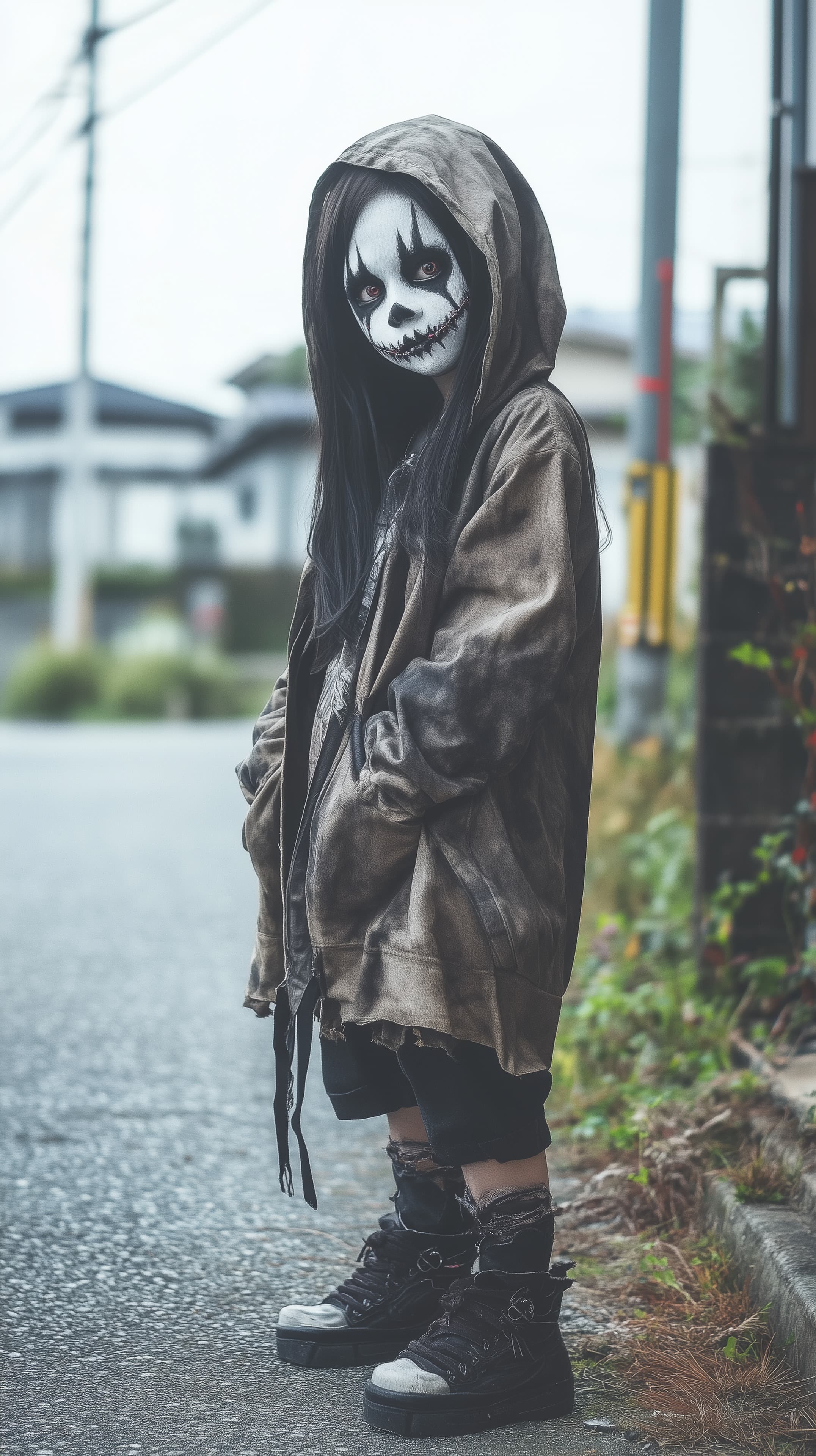 Moody Street Portrait: Hooded Figure with Skull Face Paint - High Resolution dark-fashion Wallpaper for Mobile and Desktop