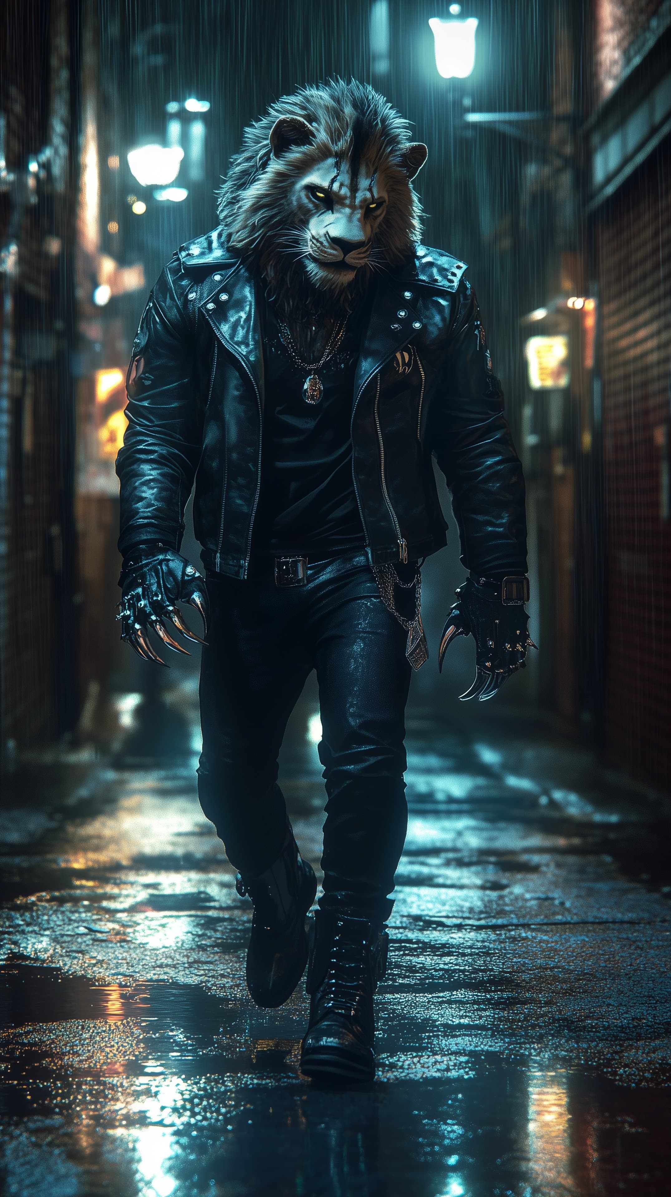 Lion-Headed Biker Striding Through Neon Rainy City Night - High Resolution biker Wallpaper for Mobile and Desktop