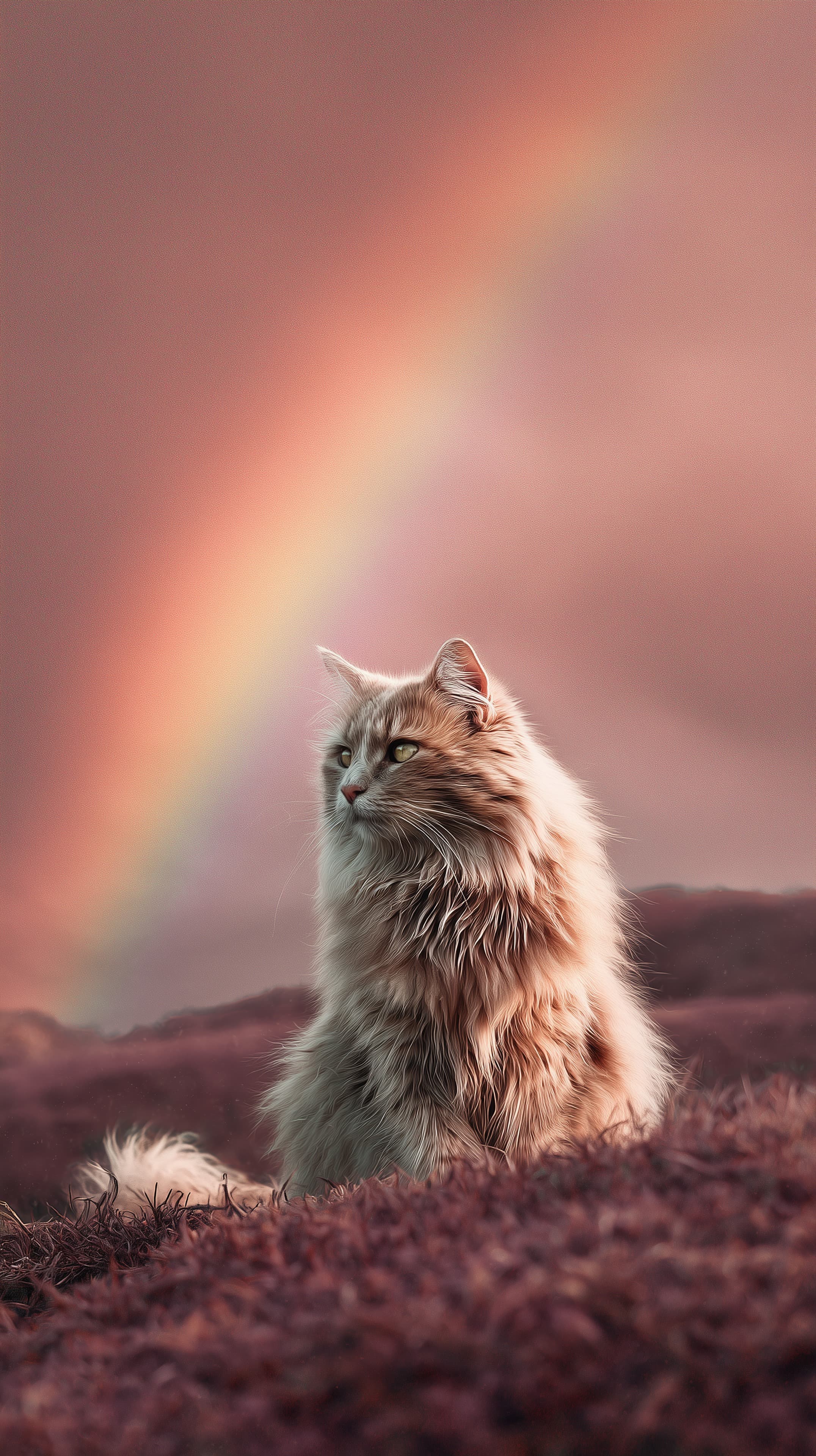 Dreamy cat under a pastel rainbow sunset wallpaper - High Resolution animal-on-hill Wallpaper for Mobile and Desktop