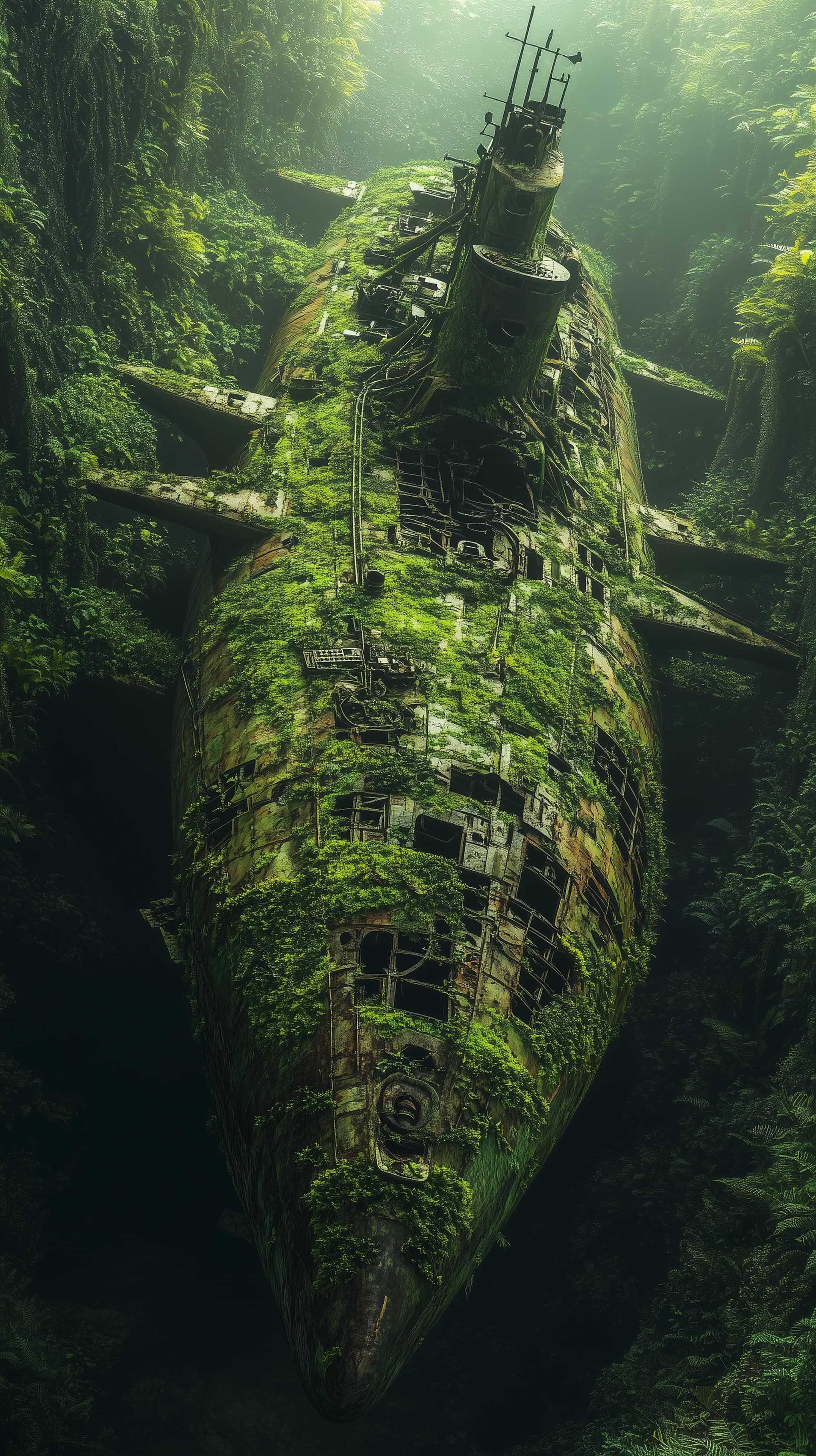 Overgrown Jungle Submarine Wreck Hidden in Mossy Green Ruins - High Resolution abandoned-vessel Wallpaper for Mobile and Desktop