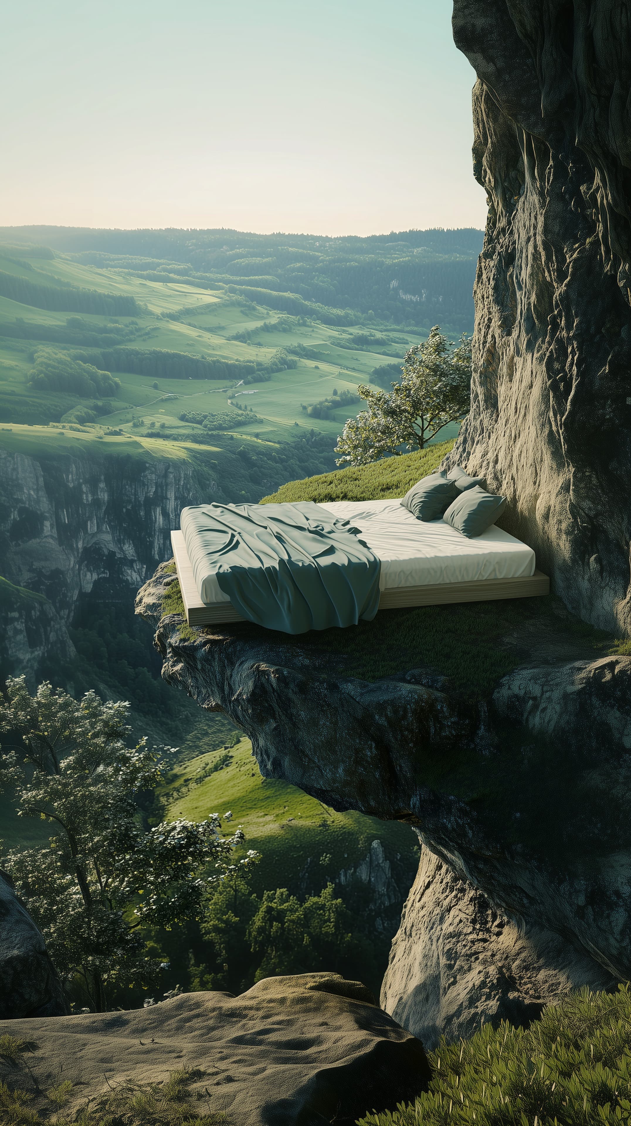 Dreamy Cliffside Bed Overlooking Panoramic Valley Vista - High Resolution bedroom Wallpaper for Mobile and Desktop