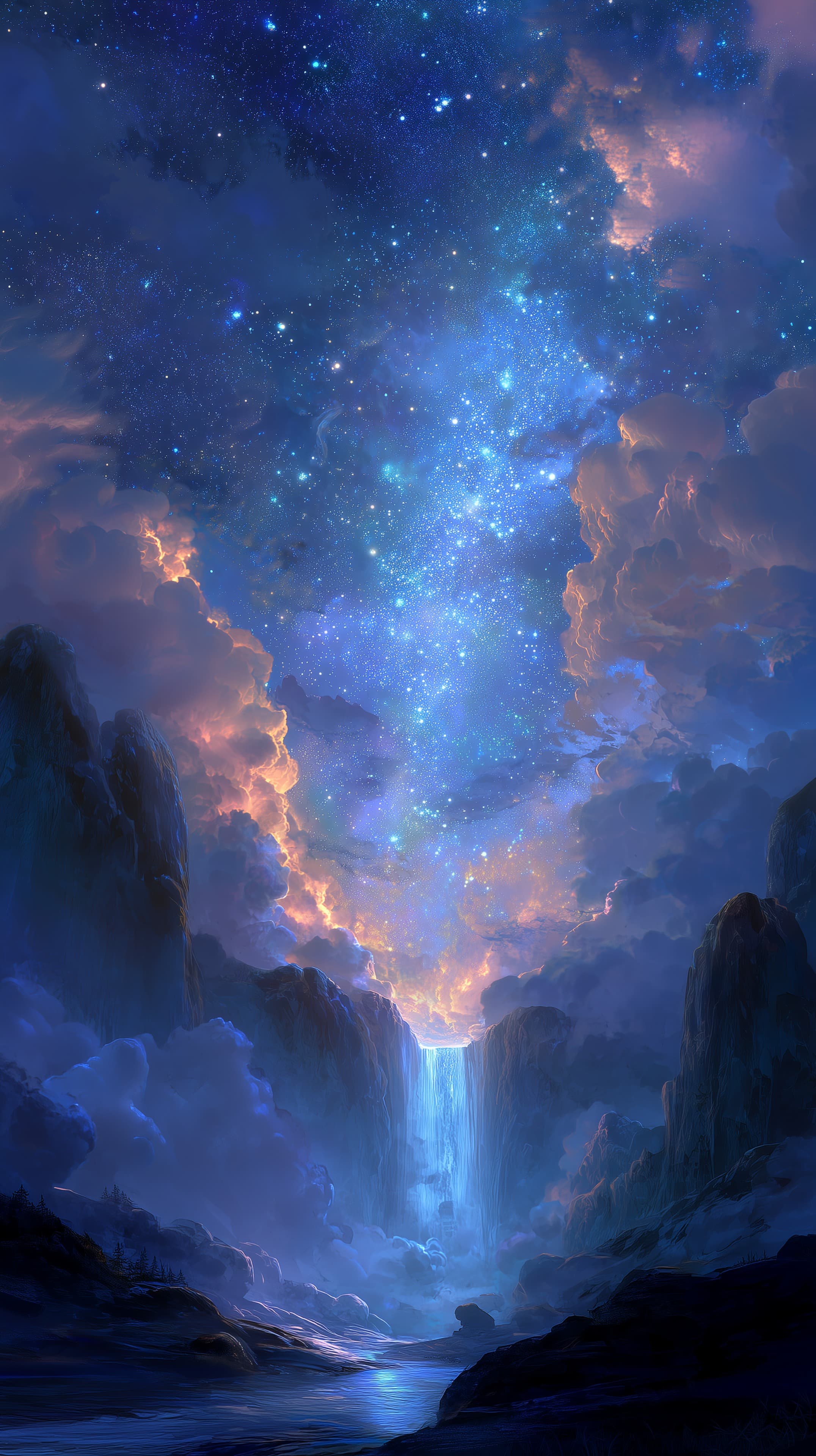 Celestial Nightscape: Dreamy Canyon with Starry Sky - High Resolution blue-mist Wallpaper for Mobile and Desktop