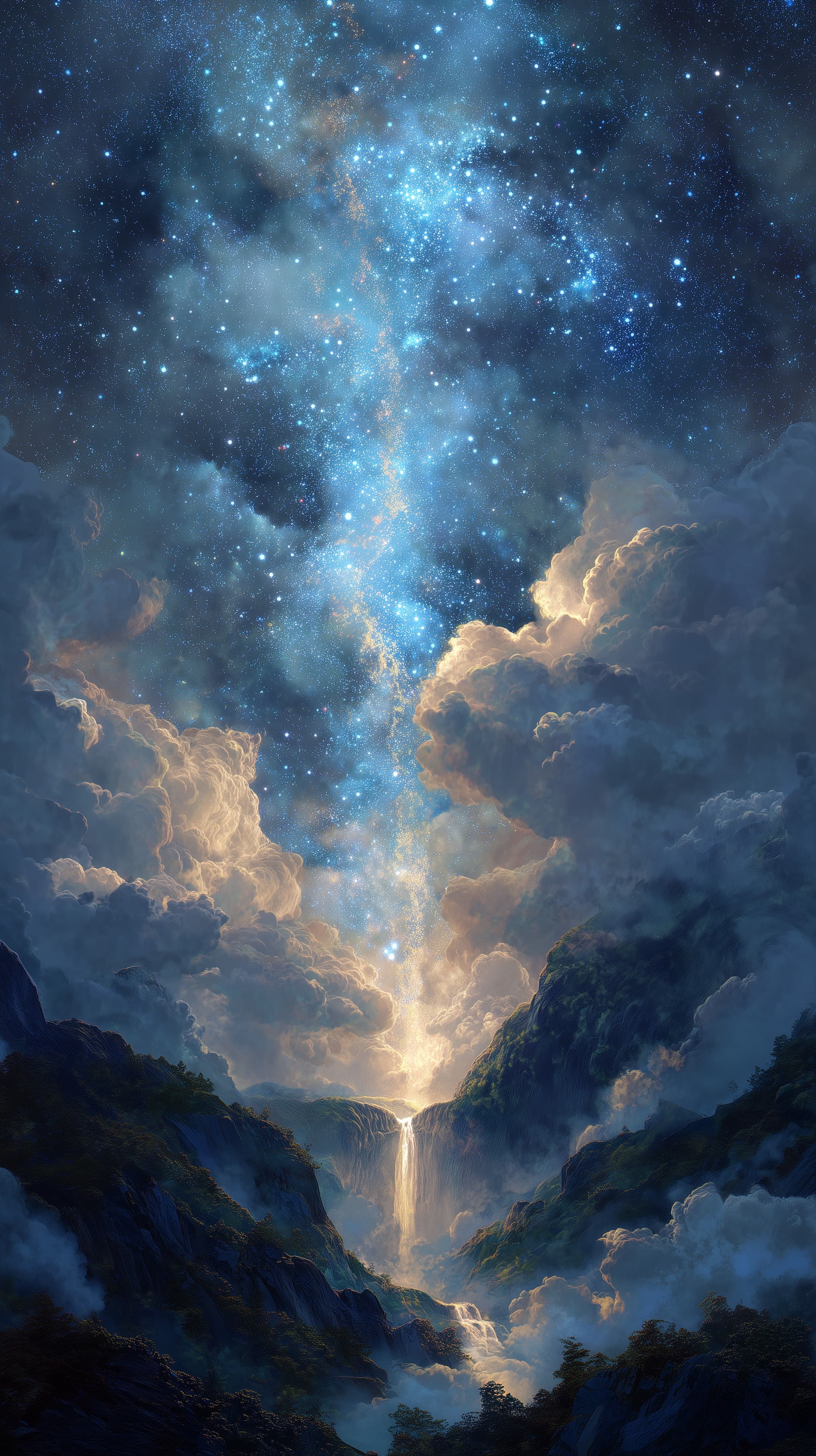 Celestial Valley: Starry Sky and Cascading Golden Light - High Resolution celestial-scene Wallpaper for Mobile and Desktop