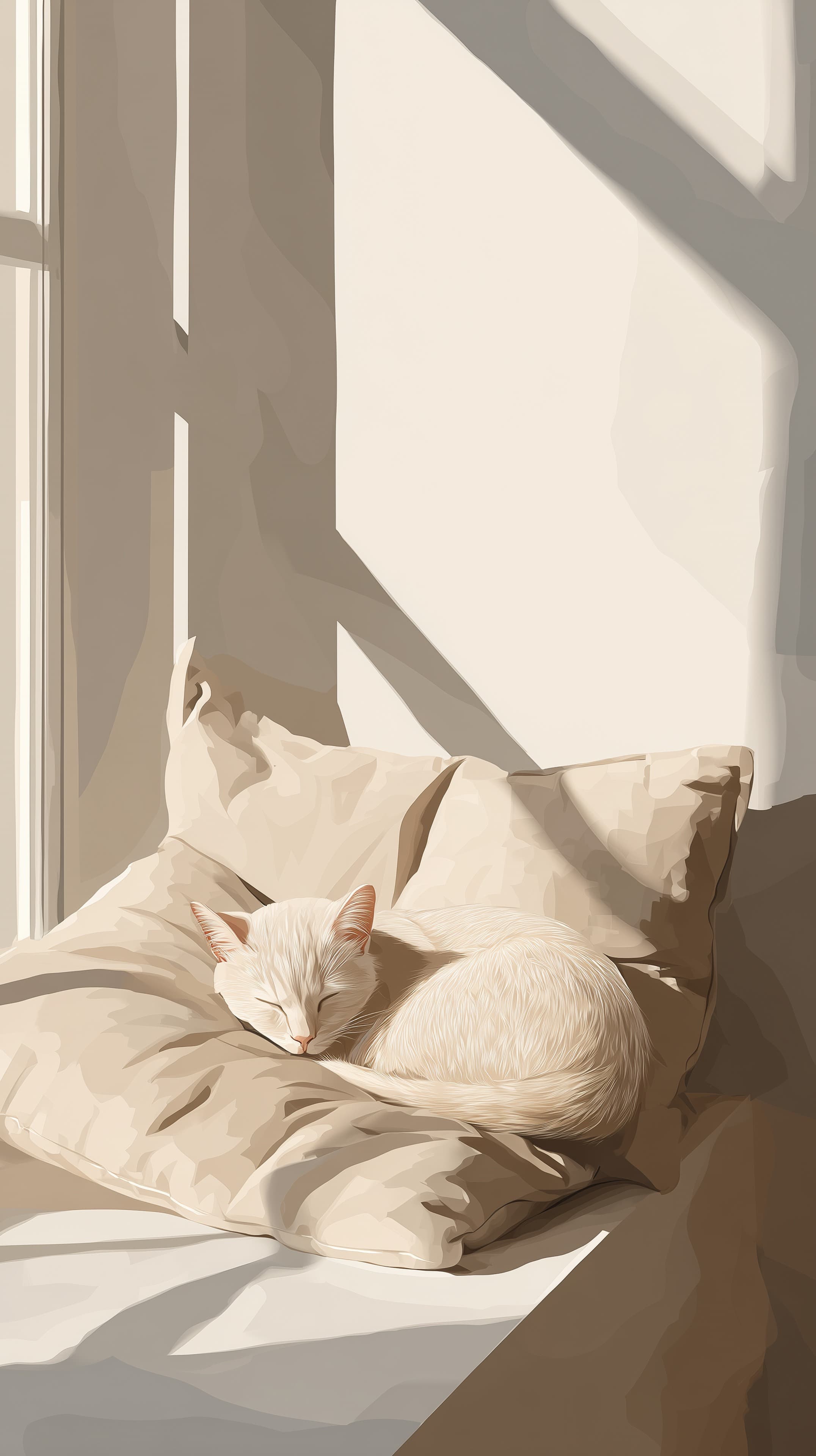Sunny Window Sleep: Soft Beige Cat on Pillow Wallpaper - High Resolution beige-color-palette Wallpaper for Mobile and Desktop