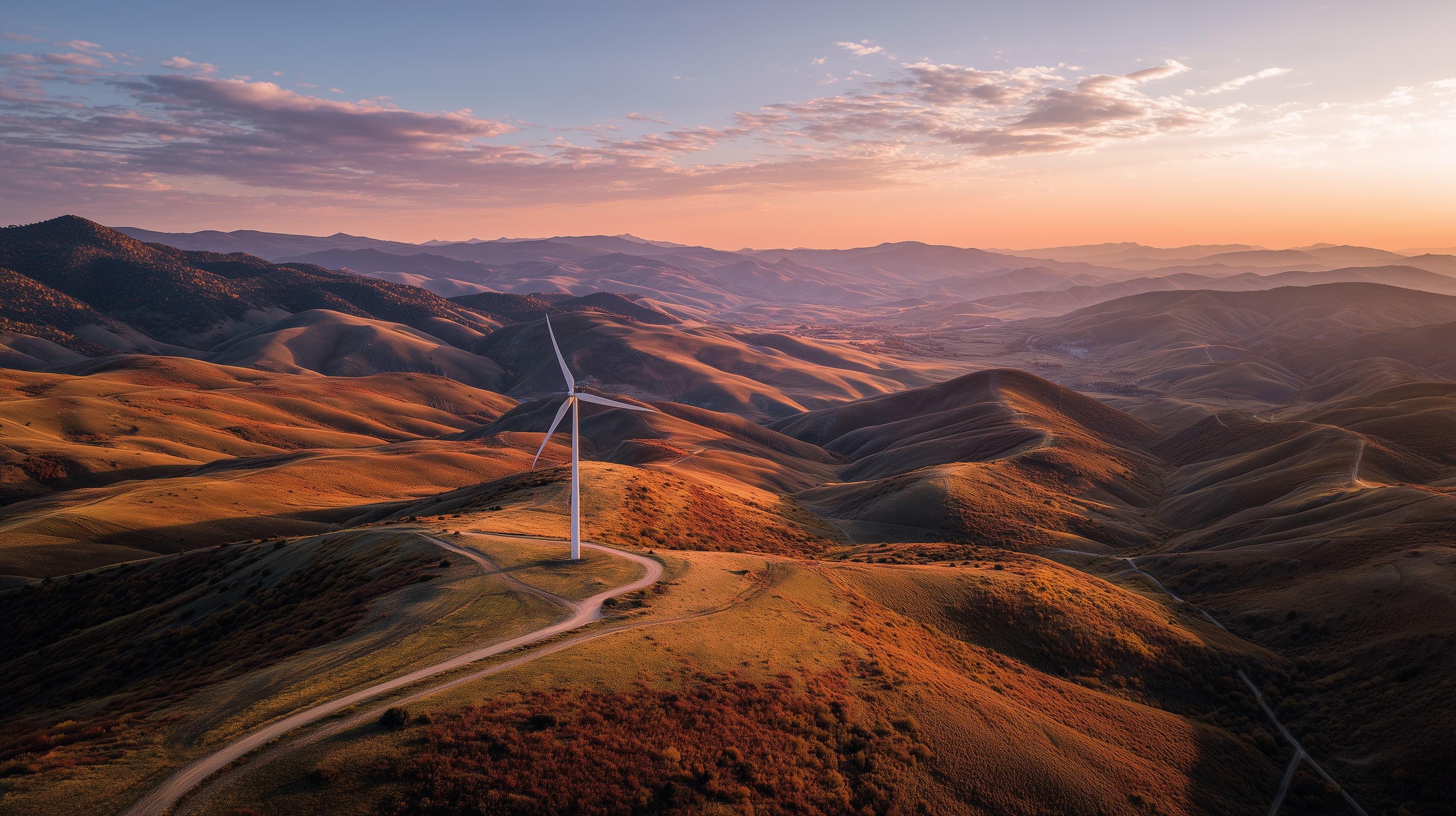 Golden Hour Hillside Landscape with Wind Turbine at Sunset - High Resolution dirt-road Wallpaper for Mobile and Desktop