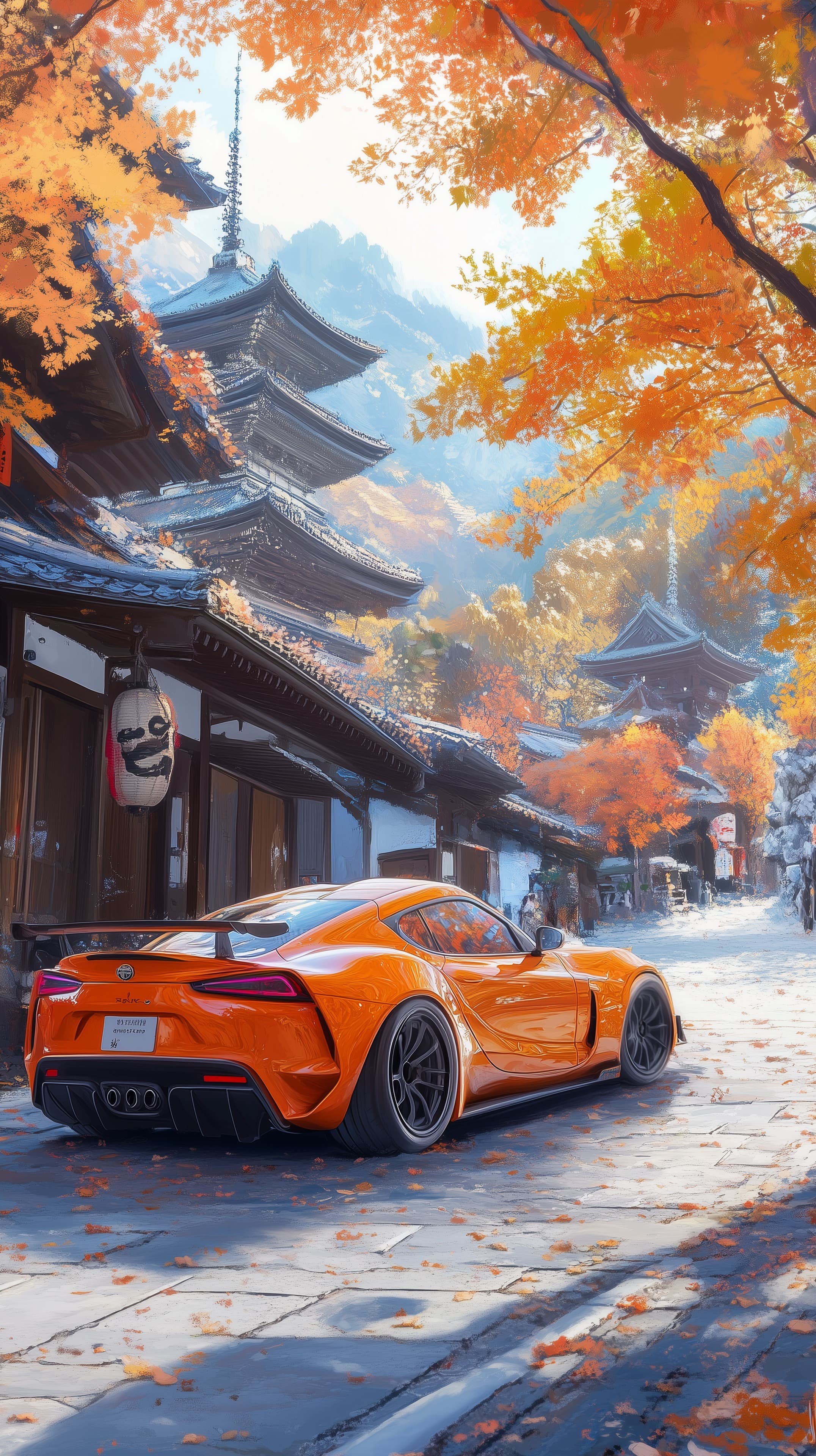 Vibrant orange sports car on autumn temple street in traditional lanes - High Resolution autumn-foliage Wallpaper for Mobile and Desktop
