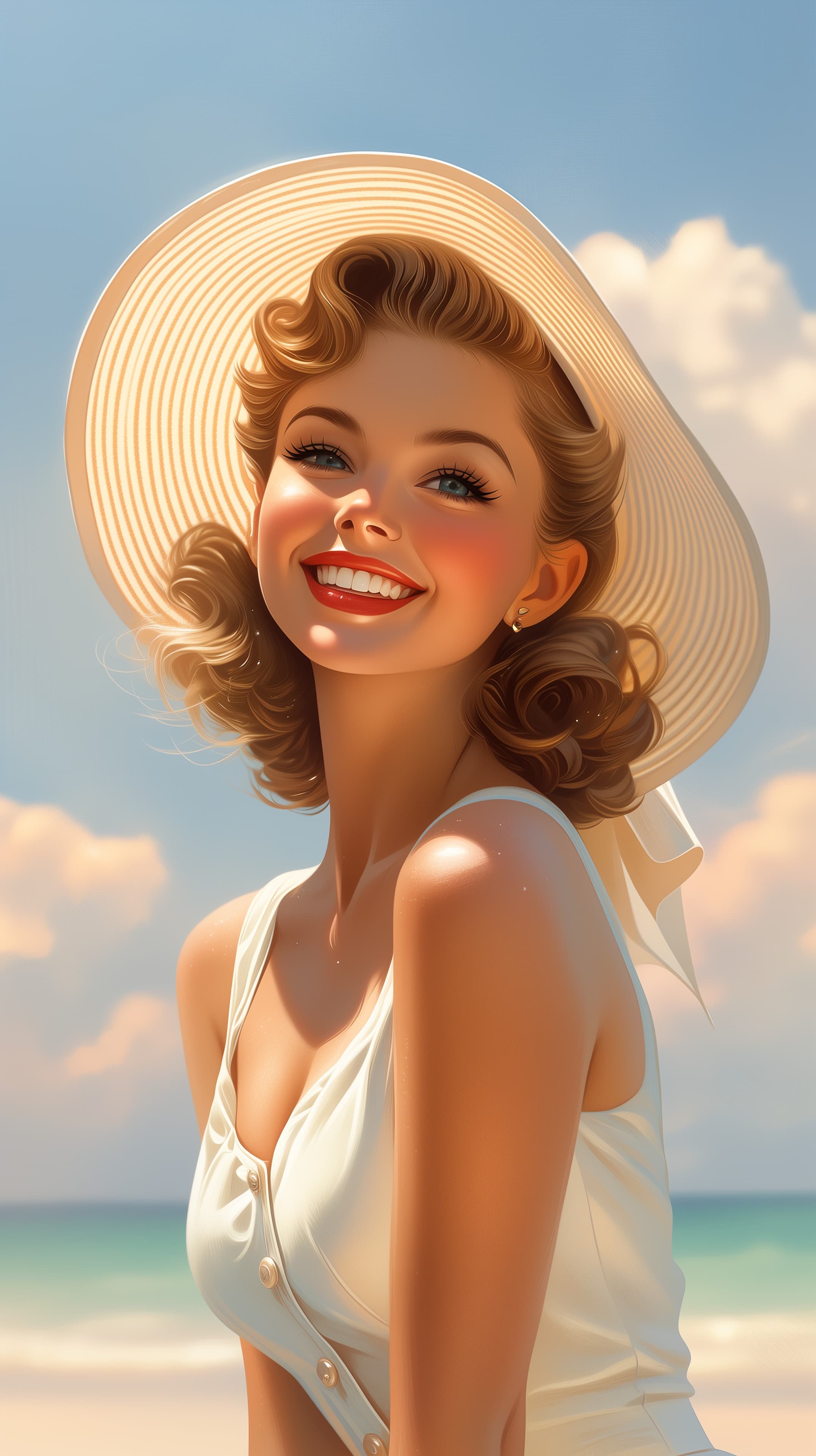 Sunny Beach Portrait with Wide-Brim Hat — Vintage Style Illustration - High Resolution beach-scene Wallpaper for Mobile and Desktop