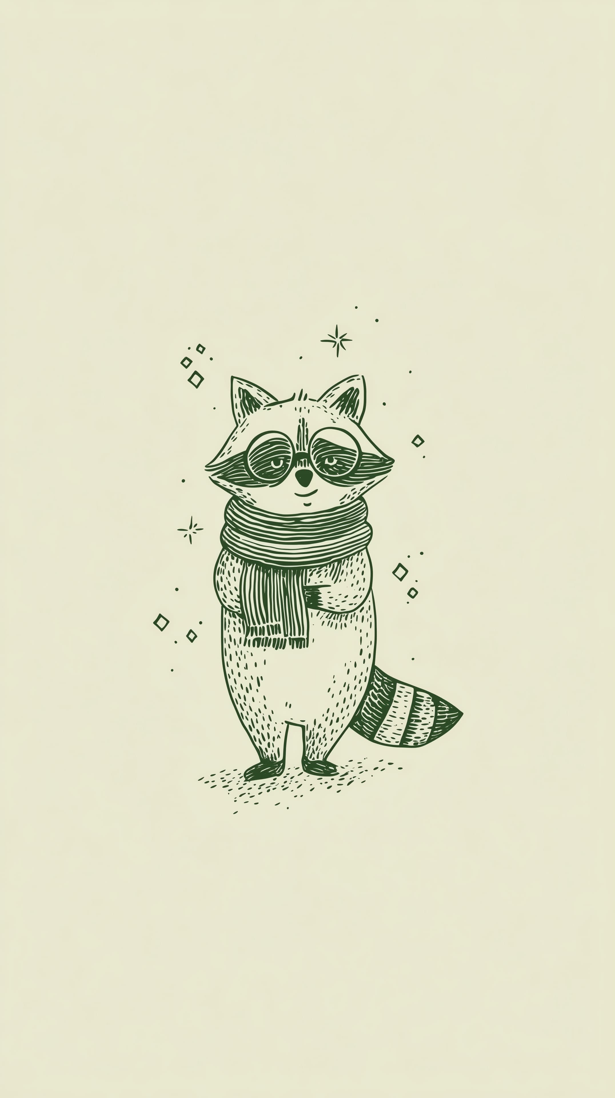 Whimsical Raccoon in Scarf — Hand-Drawn Green Ink Art - High Resolution animals Wallpaper for Mobile and Desktop