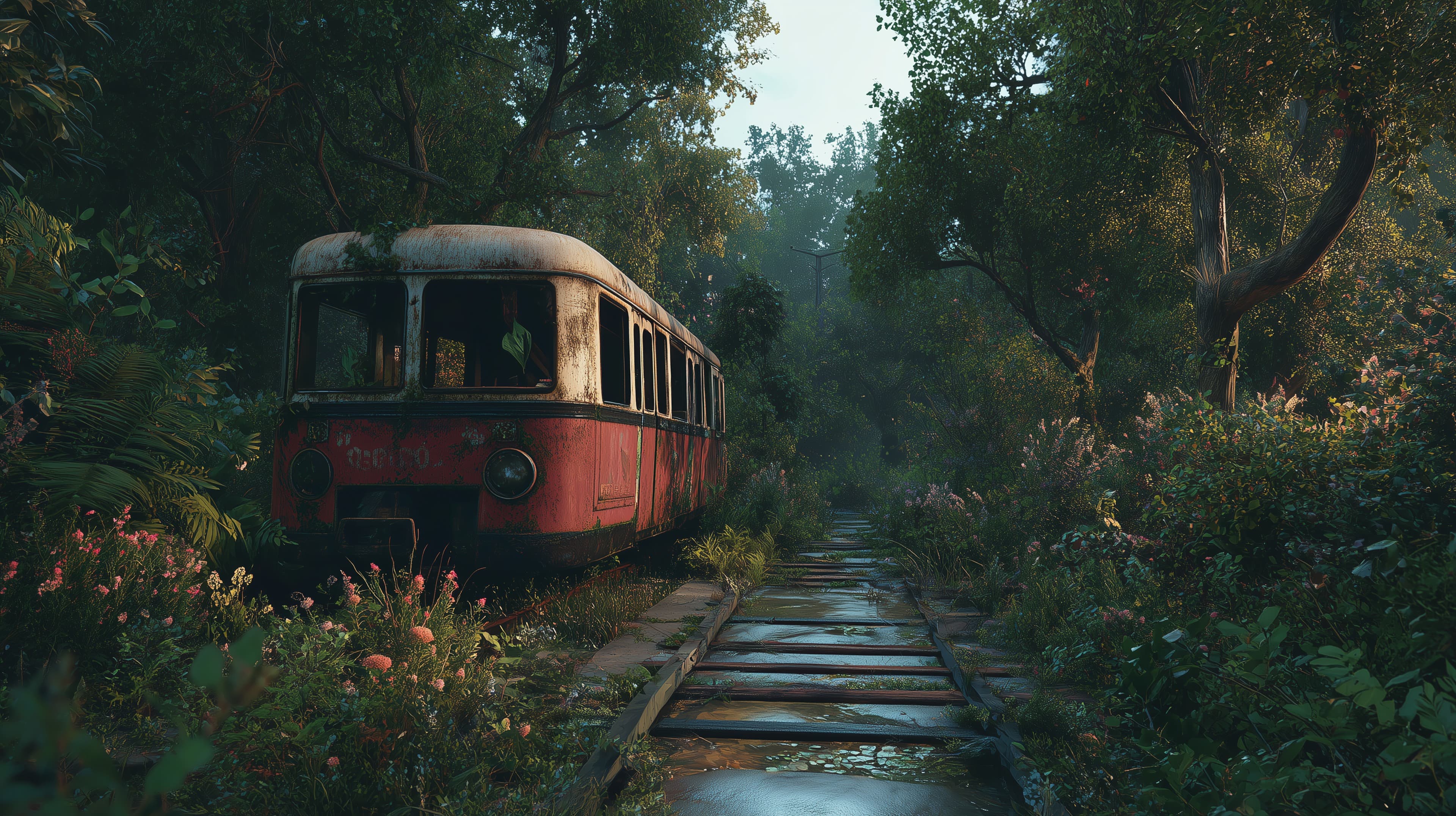 Overgrown Forest Bus on Abandoned Rail Tracks at Dusk - High Resolution abandoned Wallpaper for Mobile and Desktop