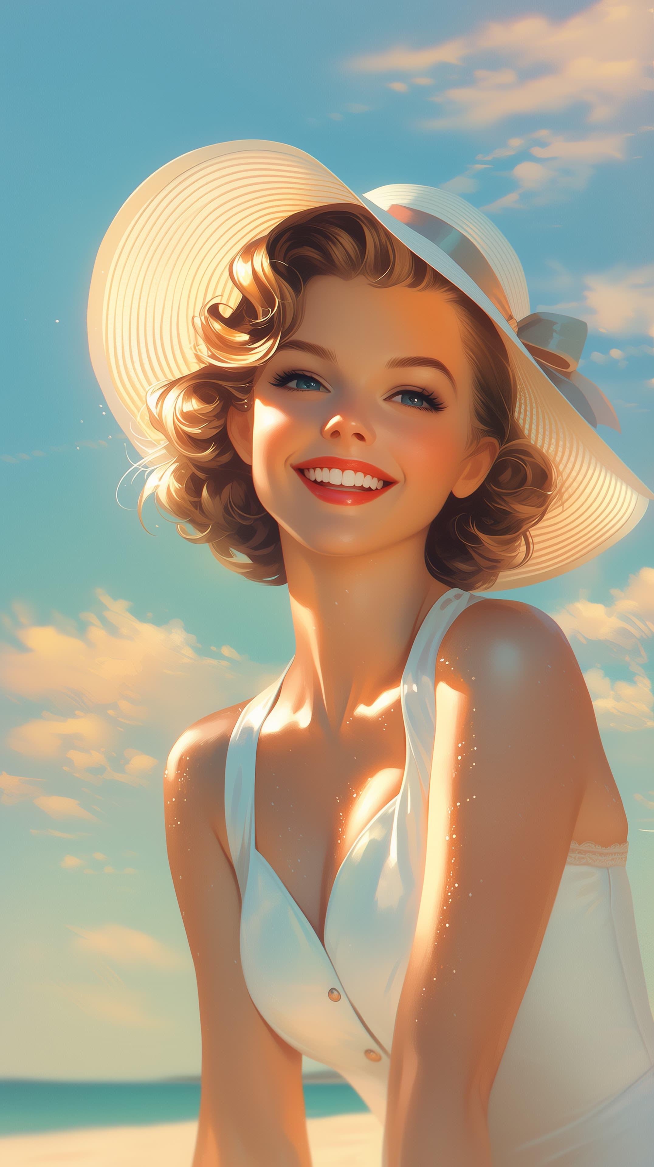 Sunny Beach Portrait: Vintage Style Digital Illustration - High Resolution beach Wallpaper for Mobile and Desktop