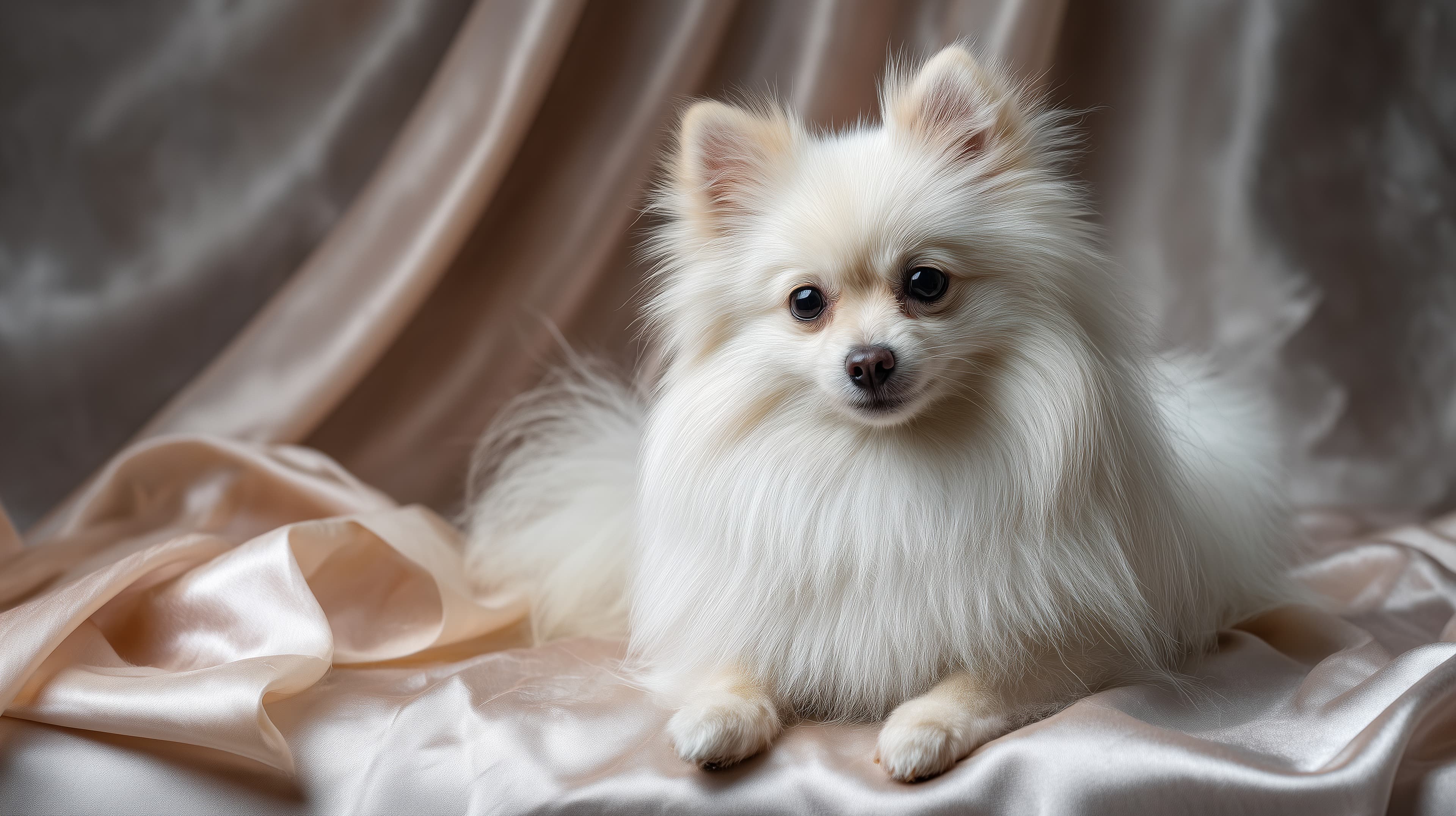 Fluffy White Lapdog Portrait on Satin Backdrop Wallpaper - High Resolution dog Wallpaper for Mobile and Desktop