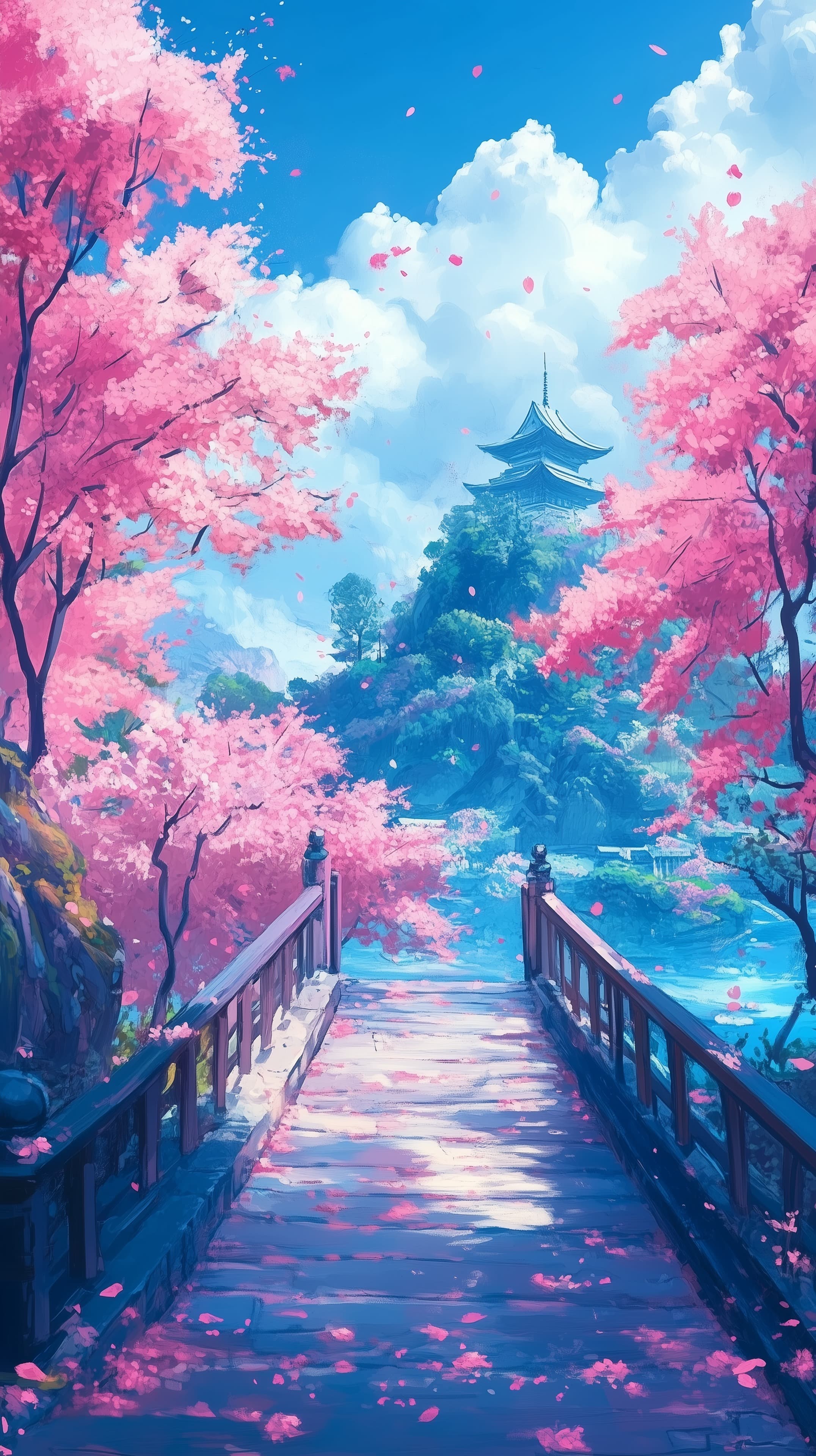 Dreamy Cherry Blossom Bridge Landscape with a Pagoda - High Resolution bridge Wallpaper for Mobile and Desktop
