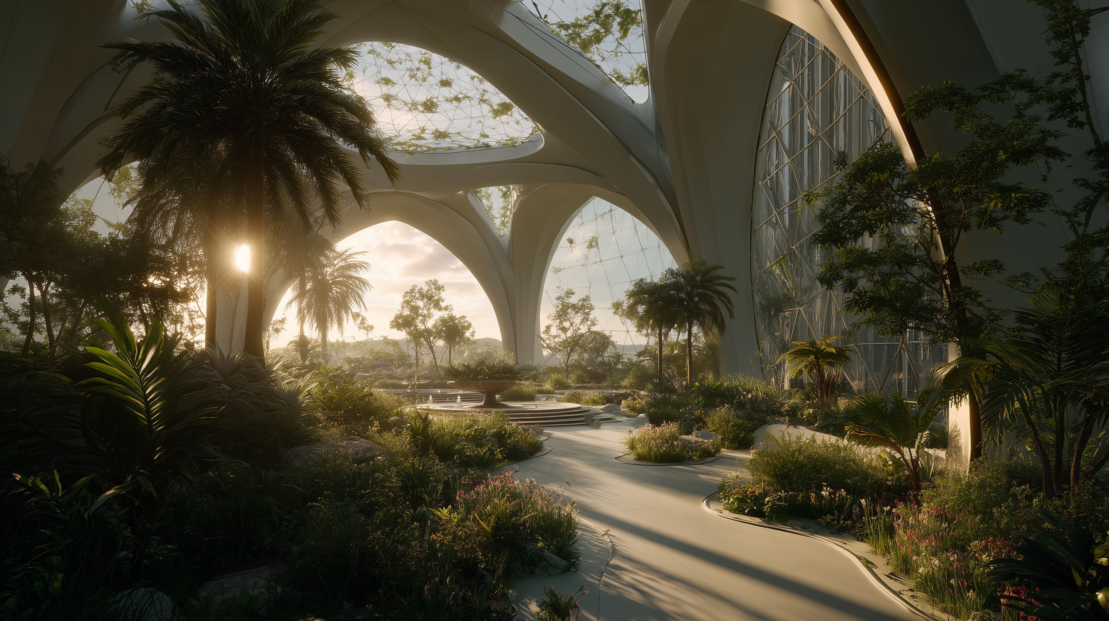 Sunlit glass atrium with lush indoor garden wallpaper - High Resolution atrium Wallpaper for Mobile and Desktop